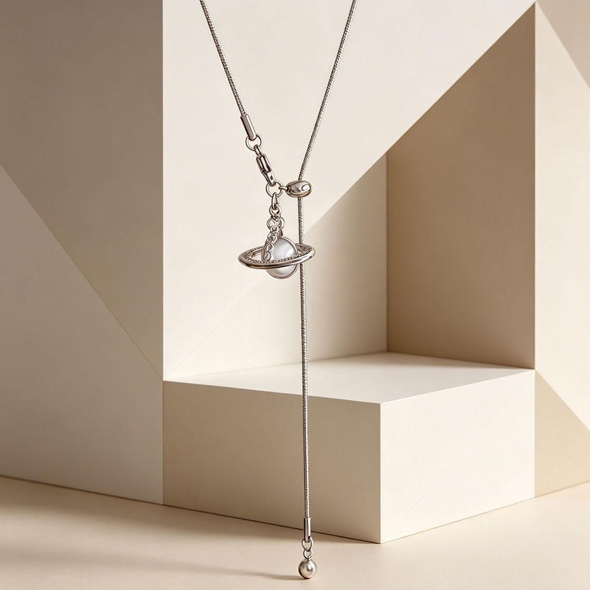 Planet Pull Pendant Necklace for Women, Trendy New Style, Adjustable Long Chain for Sweater, Autumn/Winter Daily Wear