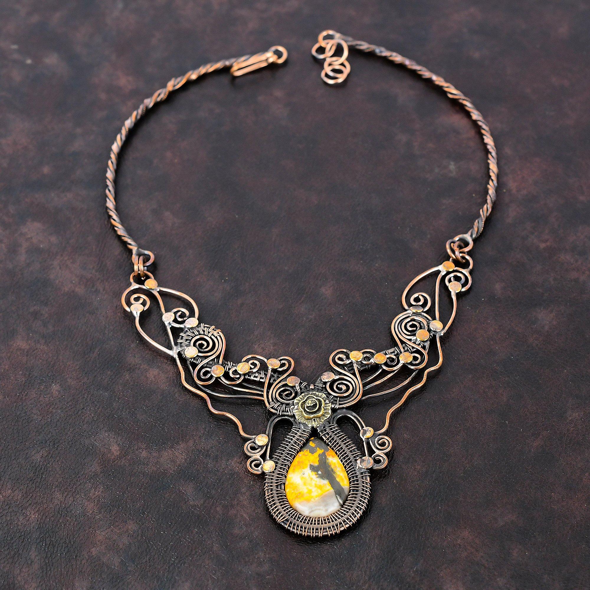 Ожерелье из яшмы шмеля, ожерелье из медной проволоки, регулируемое ожерелье, приличное ожерелье ручной работы, драгоценные камни, медные украшения, подарок для матери