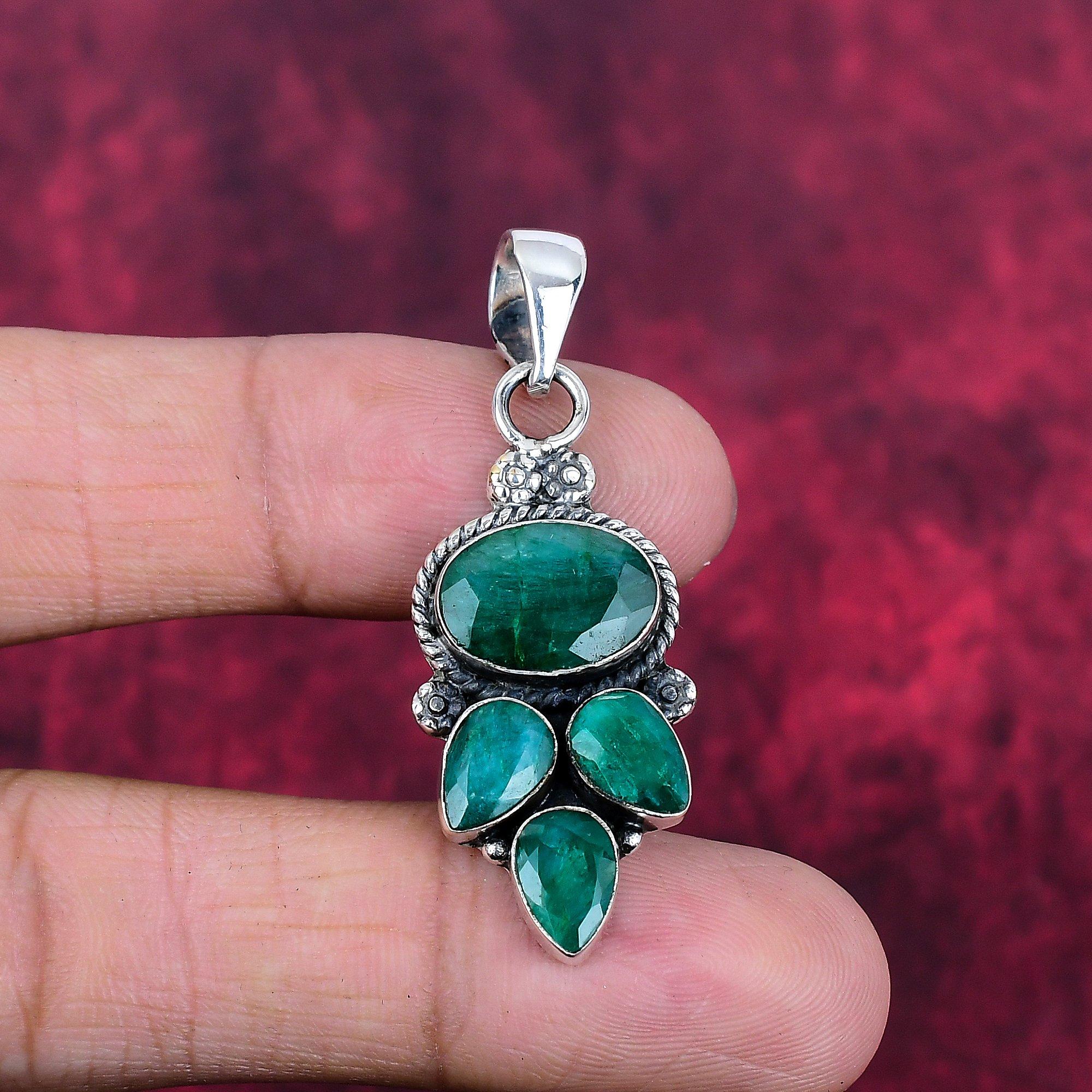 Подвеска с изумрудом, 925 пробы серебряная подвеска с драгоценными камнями, подвеска ручной работы, изумительное украшение, подарок для нее