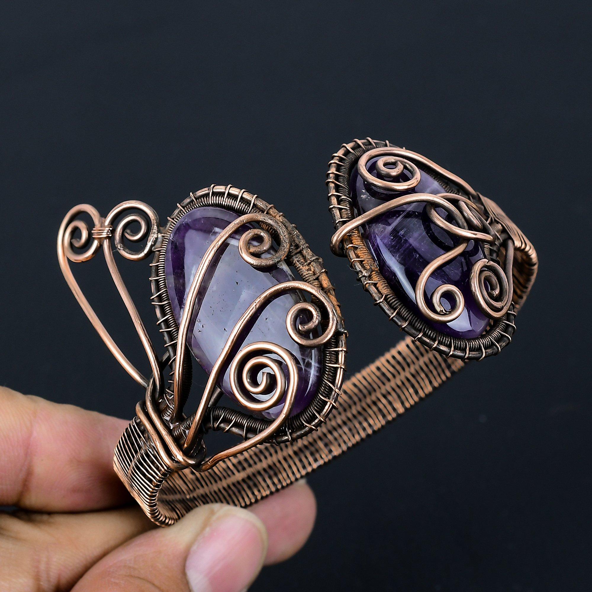 Привлекательный аметист, драгоценный камень, чистая медная проволока, завернутая в манжеты/браслет ручной работы, ювелирные изделия