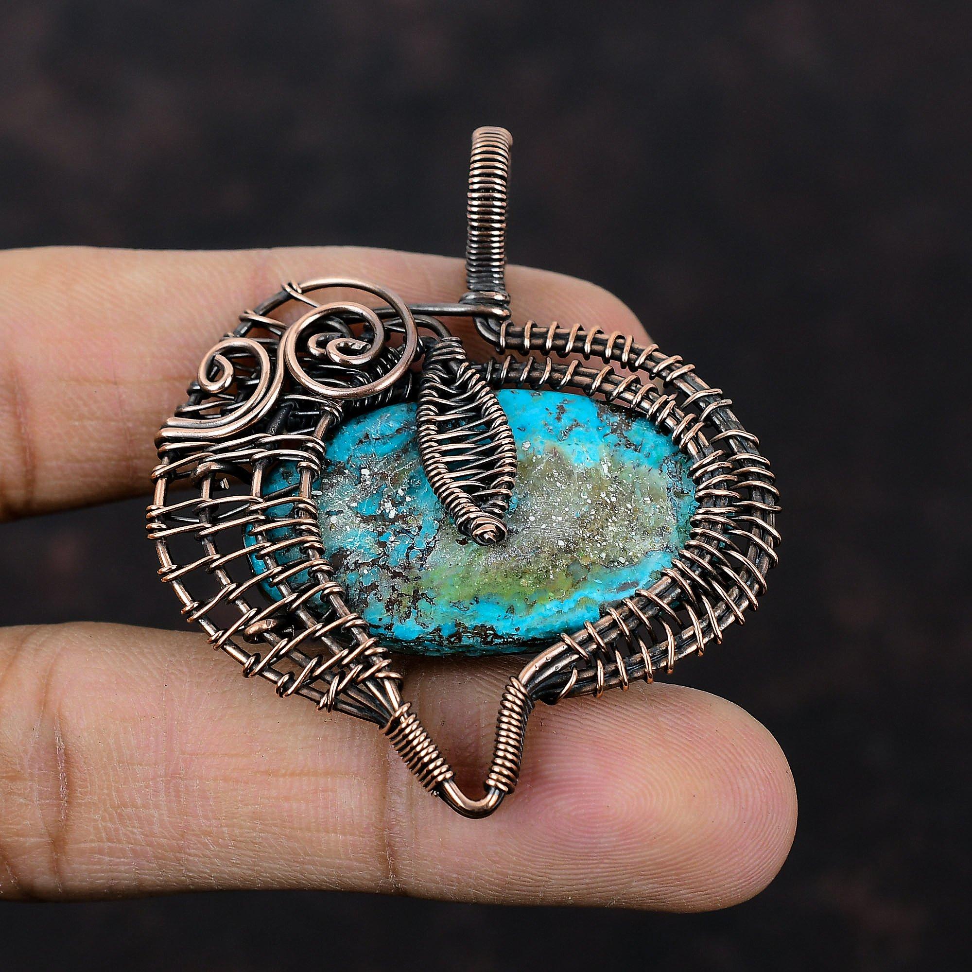 Подвеска из азурита, медная проволочная обертка, подвеска ручной работы в стиле бохо, медная ювелирная обертка, подвеска из драгоценных камней, проволочная обертка, ювелирное украшение, подарок для нее