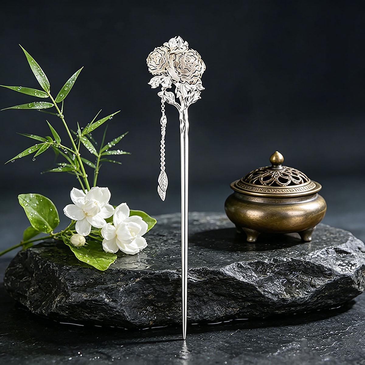 Peony Hairpin Silver Hairpin Women's Hairpin New Chinese Style Tassel Hanfu Cheongsam Hairpin National Style Accessories