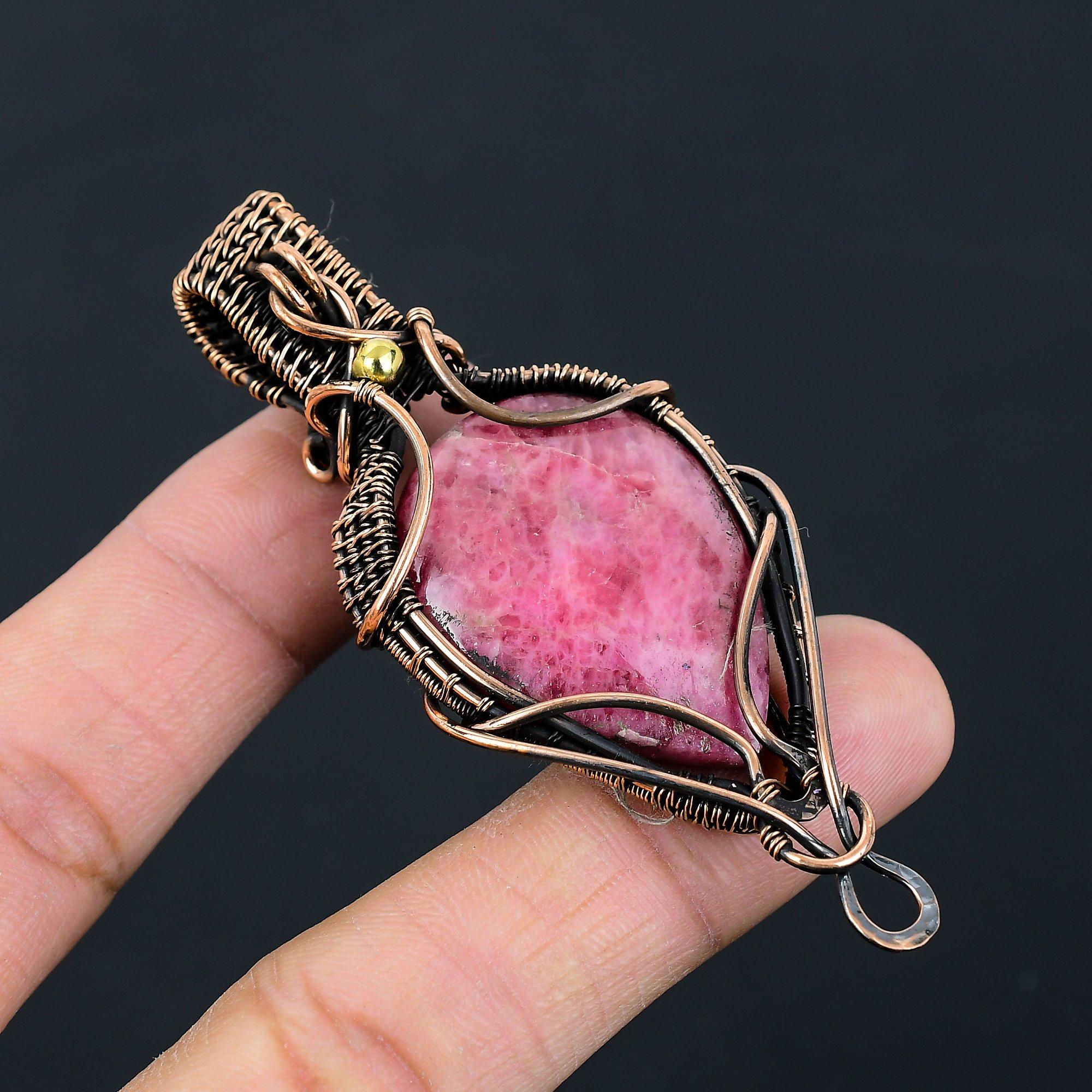 Rhodonite Gemstone Pure Copper Wire Wrapped Handmade Pendant Jewelry