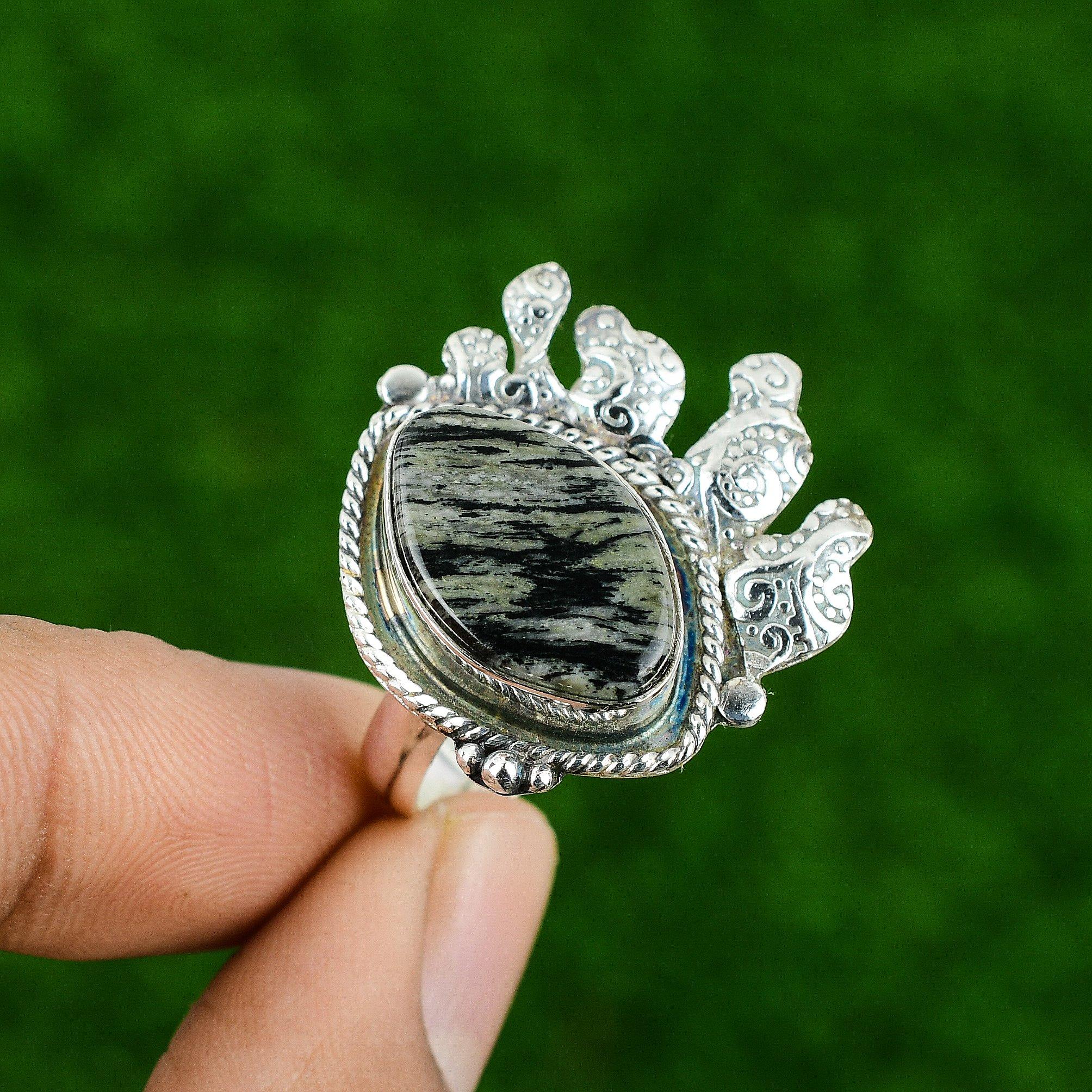 Gift For Women Promise Adjustable Ring 925 Silver Natural Silver Leaf Jasper