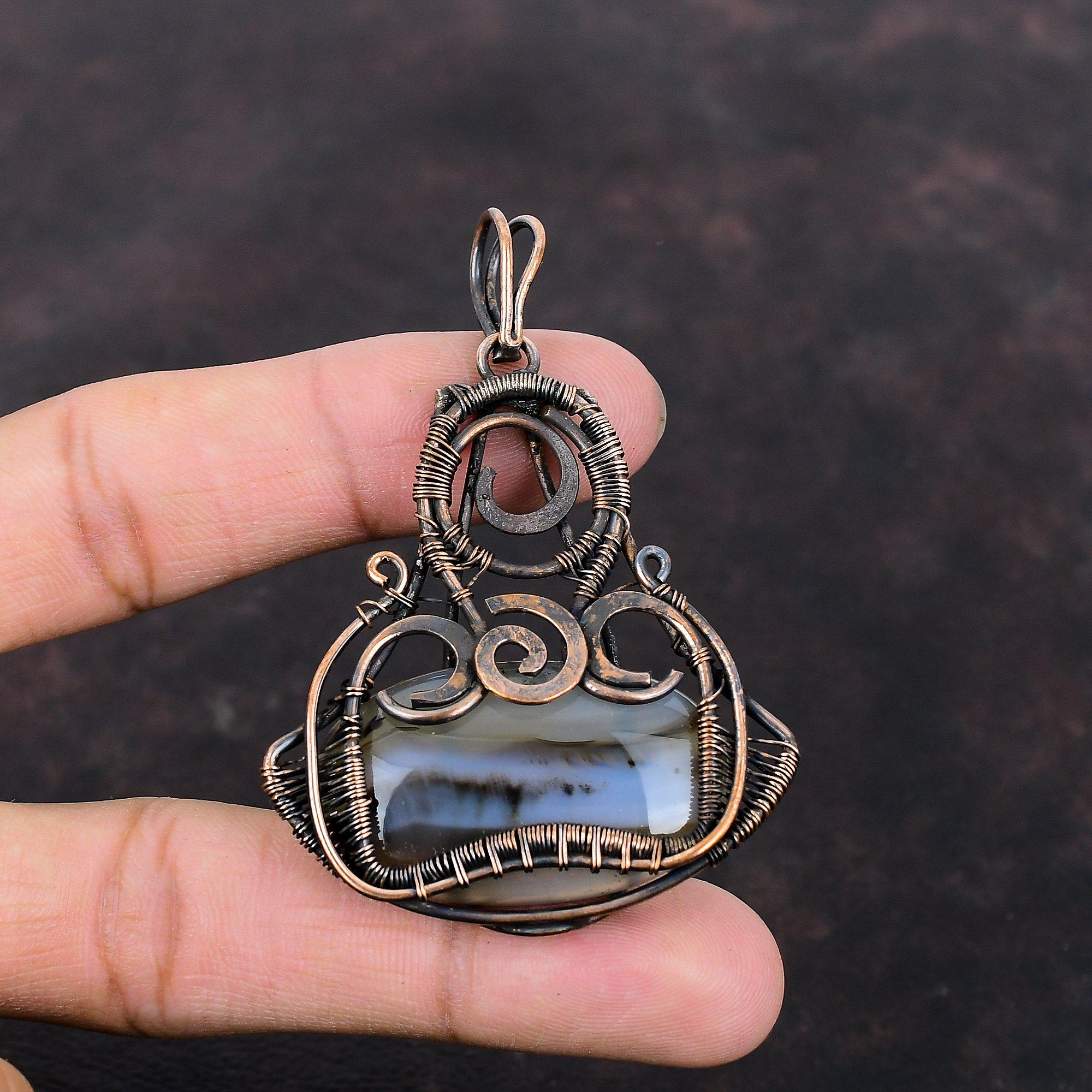 Подвеска из агата Монтана, подвеска из медной проволоки, достойное ювелирное изделие, подвеска из драгоценного камня, медное украшение ручной работы, подвеска в этническом стиле, подарок для него