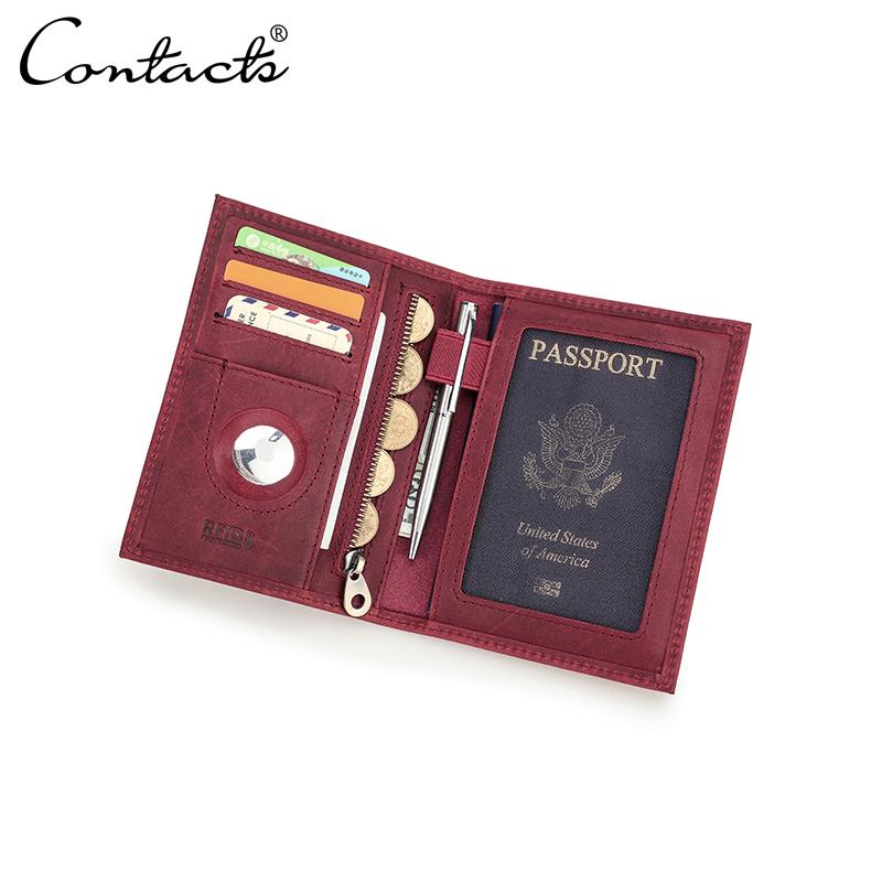 CONTACT'S Genuine Leather Passport Wallet Business Credit Card Holder Anti-lost Travel Purse