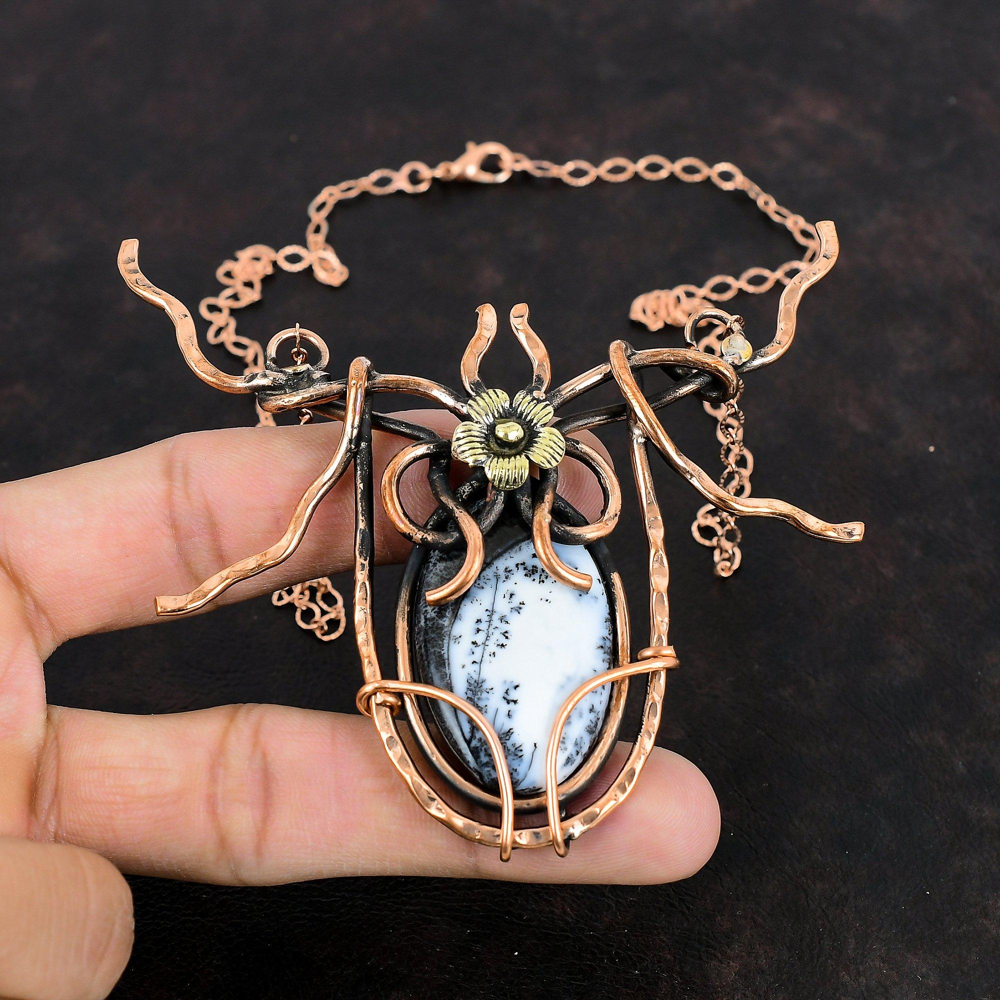 Ожерелье из дендритового опала, украшения, обмотанные медной проволокой, ожерелье ручной работы с регулируемой длиной, ожерелье с драгоценным камнем, украшения, обмотанные медной проволокой, подарки для женщин