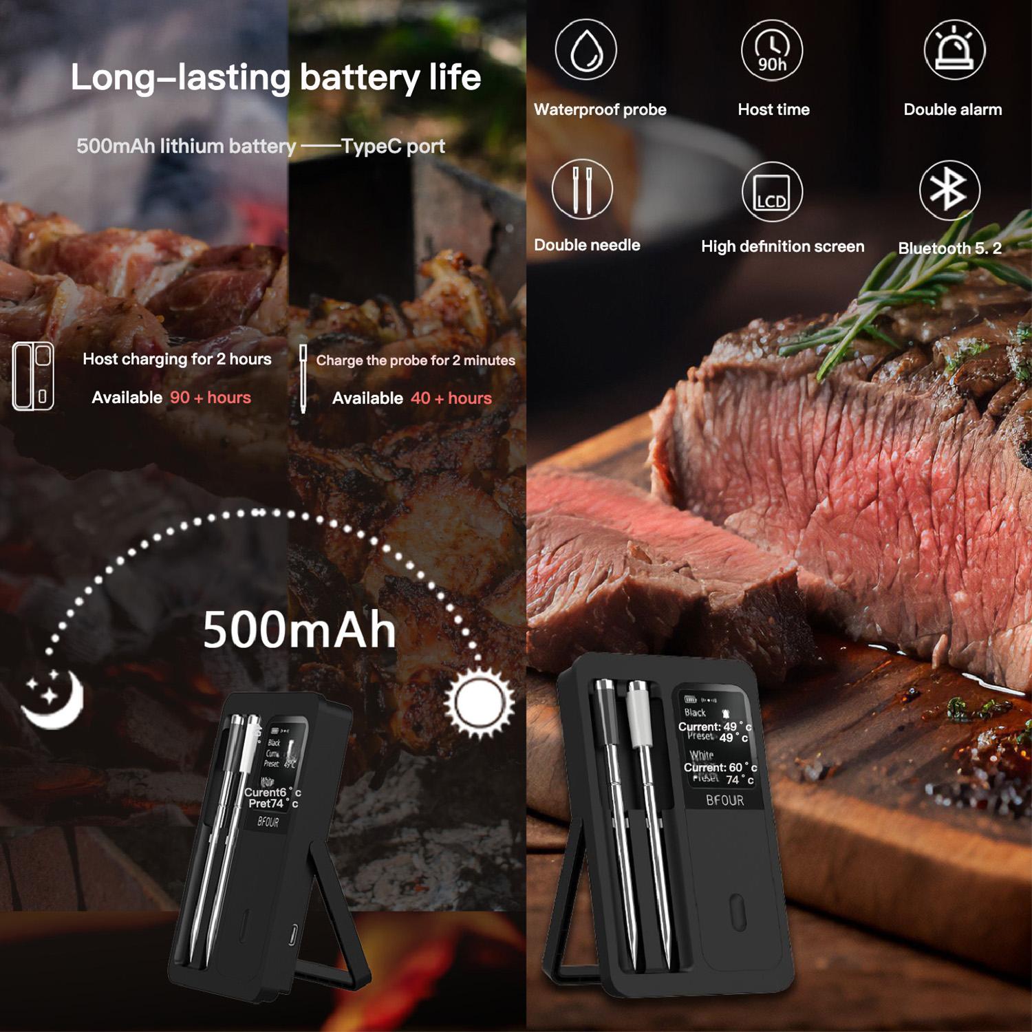 Meat Thermometer, Wireless Wifi Bluetooth Thermometer with 2 Probes, for Rotisserie Grill Oven, Waterproof, Kitchen Utensils