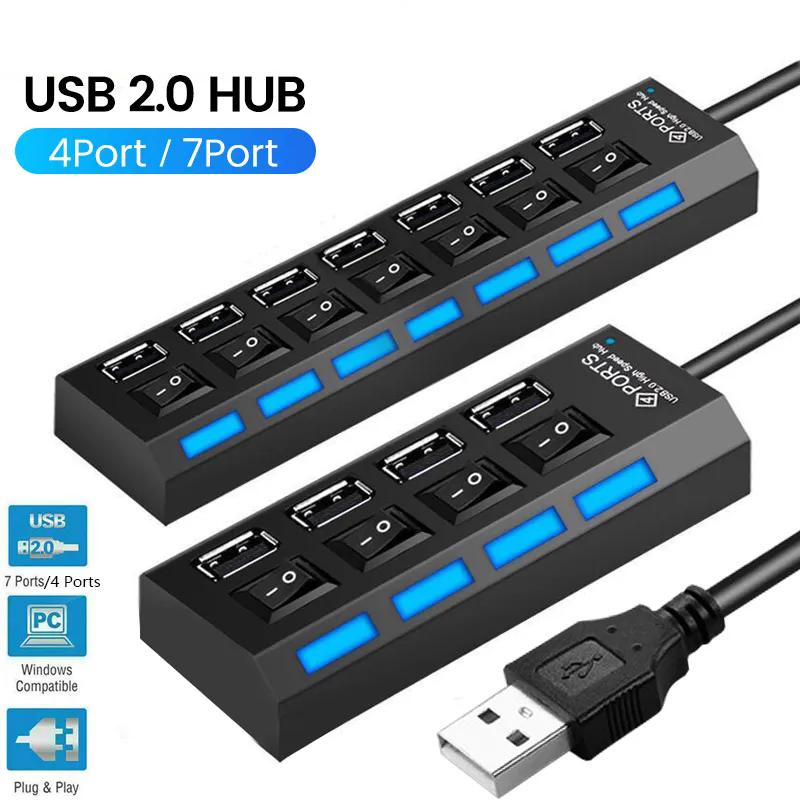 USB HUB 2.0 4/7-портовый несколько расширителей Концентратор USB 2.0 с переключателем Мульти USB-разветвитель Использование адаптера питания Компьютерные аксессуары