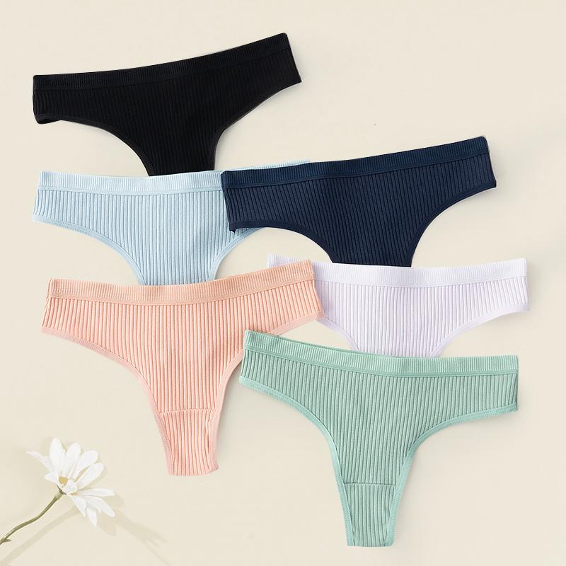 Female Thong Women's Cotton Panties Low-Waist Thongs Striped Solid Color Underpants Girl Comfortable G-String Underwear Bikini Panties