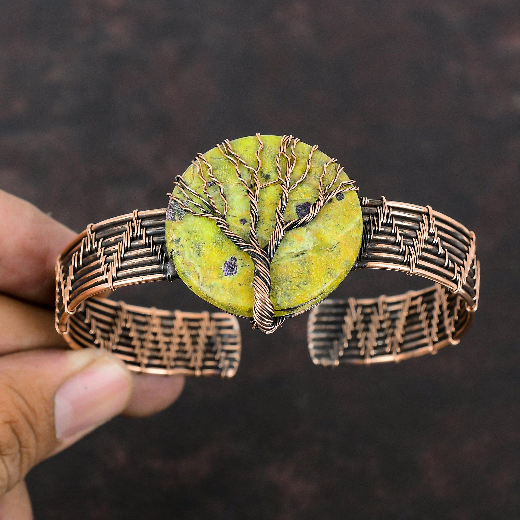 Браслет-манжета из медной проволоки с древом жизни, регулируемый браслет-манжета ручной работы, браслет-манжета из драгоценных камней, очень красивые медные украшения