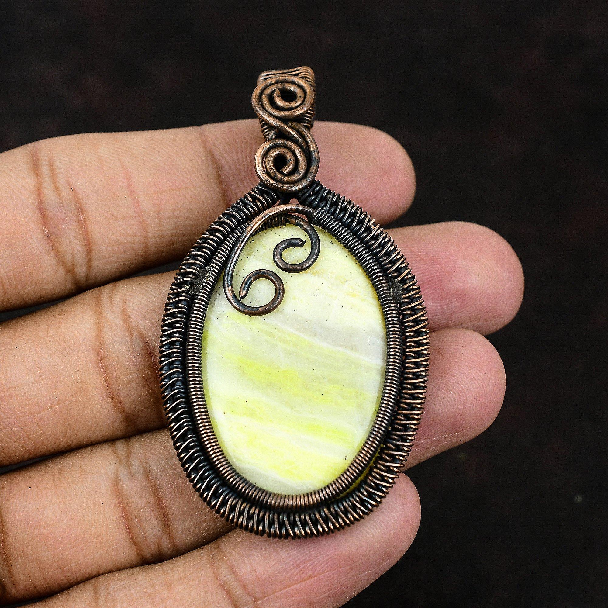 Кулон из желтого арагонита, обернутый медной проволокой, Дизайнерское украшение, Кулон ручной работы, Кулон с драгоценным камнем, Подарок для него