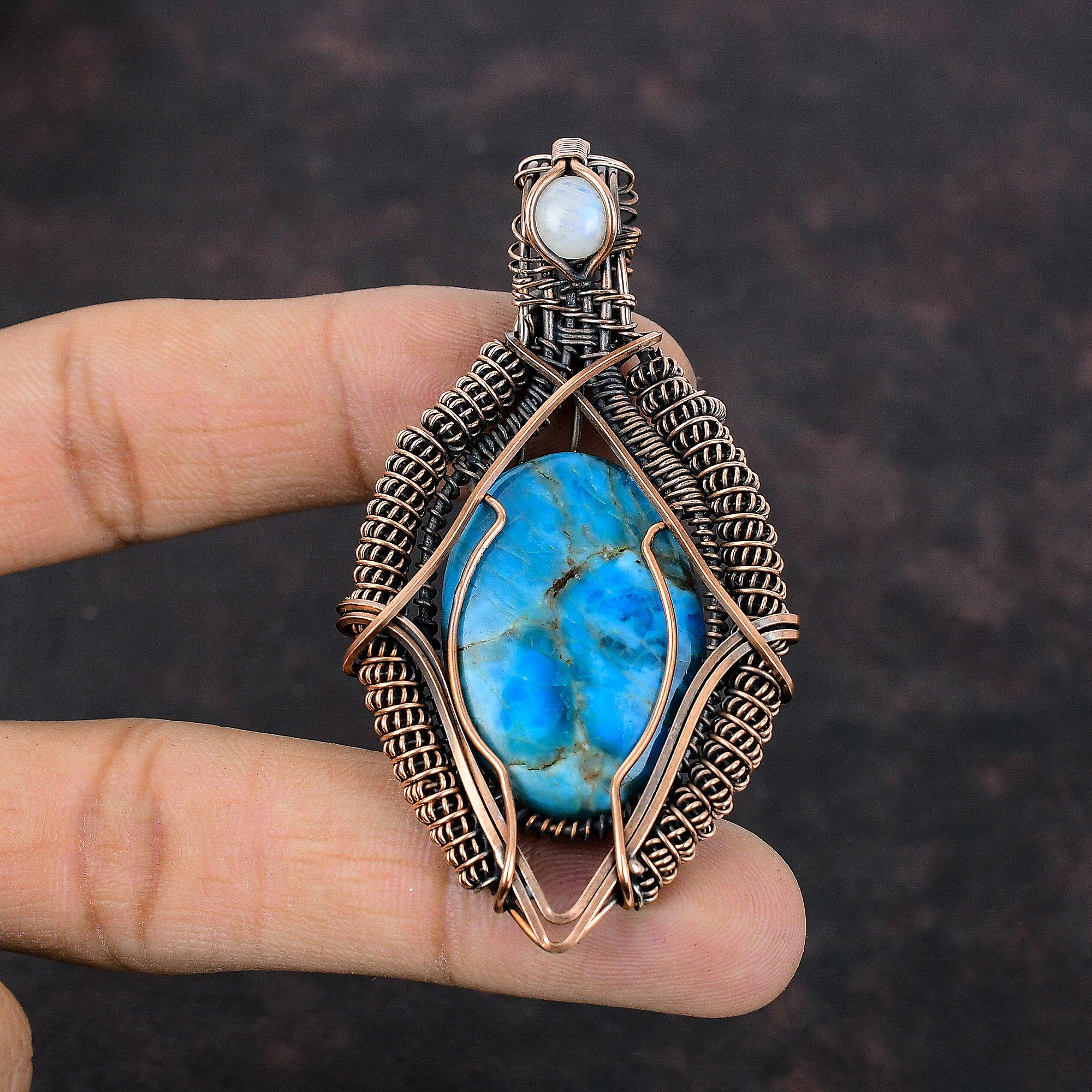 Неоново-апатитовый кулон, ювелирные изделия из медной проволоки, кулон ручной работы, кулон из медной проволоки, кулон с лунным камнем, изысканные ювелирные изделия из драгоценных камней, подарок для нее