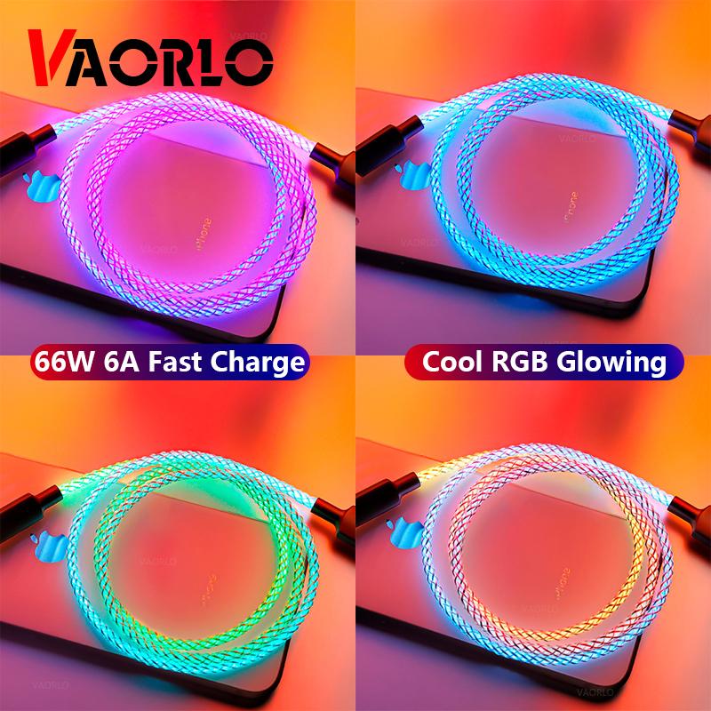 VAORLO 66W 6A Кабель для передачи данных RGB Светящийся заряд Быстрая зарядка для iPhone Type-C USB-зарядное устройство Высококачественный кабель для передачи данных