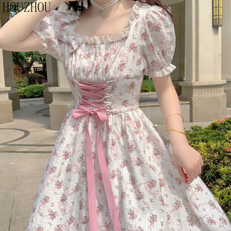 HOUZHOU Платье миди с цветочным принтом для девочек с квадратным воротником и короткими рукавами, корейское милое кавайное элегантное шикарное платье феи