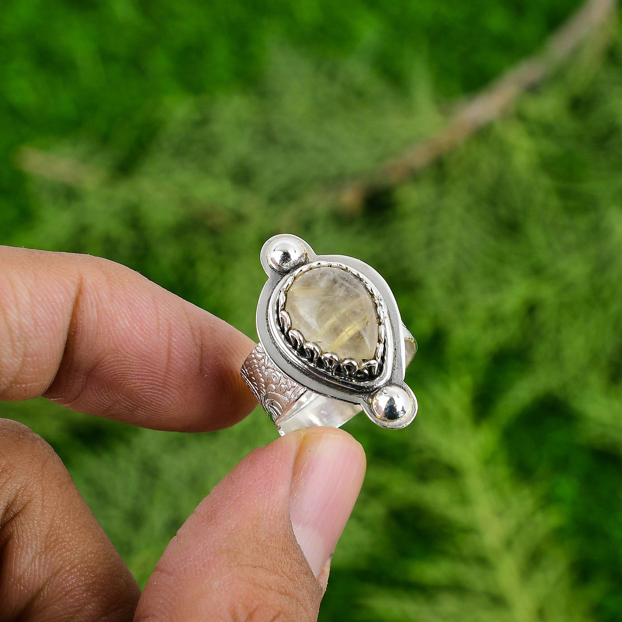 Gift For Her 925 Silver Natural Golden Rutile Gemstone Solitaire Adjustable Ring