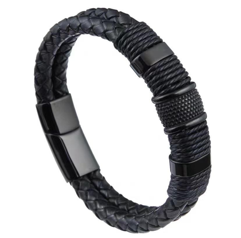 Woven Leather Rope Wrapping Special Style Classic Stainless Steel Men's Leather Bracelet Double-layer Design