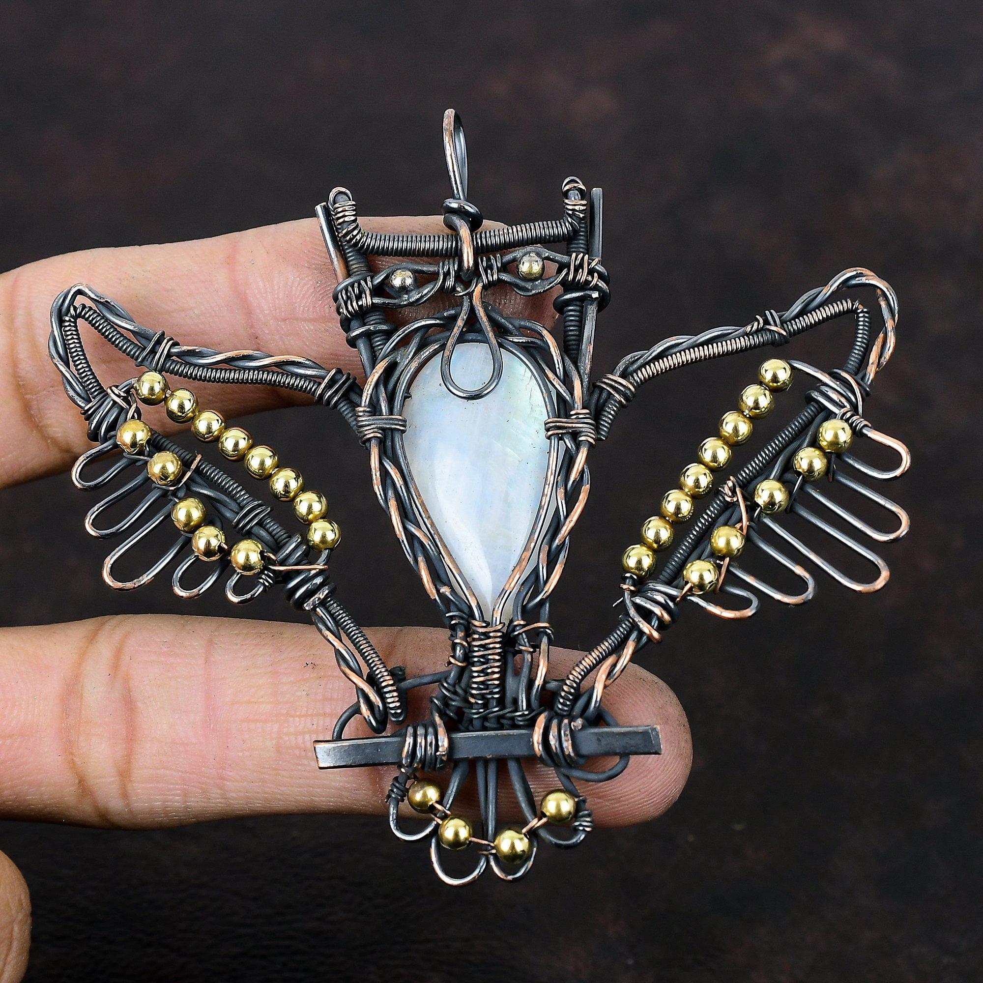 Радужный лунный камень, медный кулон, проволочная обертка, сова, медные украшения, драгоценный камень, кулон, лунный камень, украшения ручной работы, кулон, подарок для матери