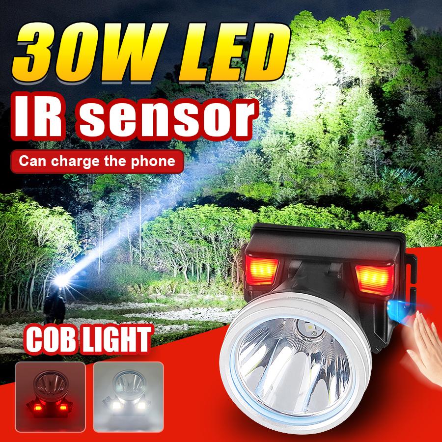 30W Super Bright IR Sensor Headlight Waterproof Adjustable Headlamp Lightweight Portable Lantern Outdoor Light Night Camping Lamp