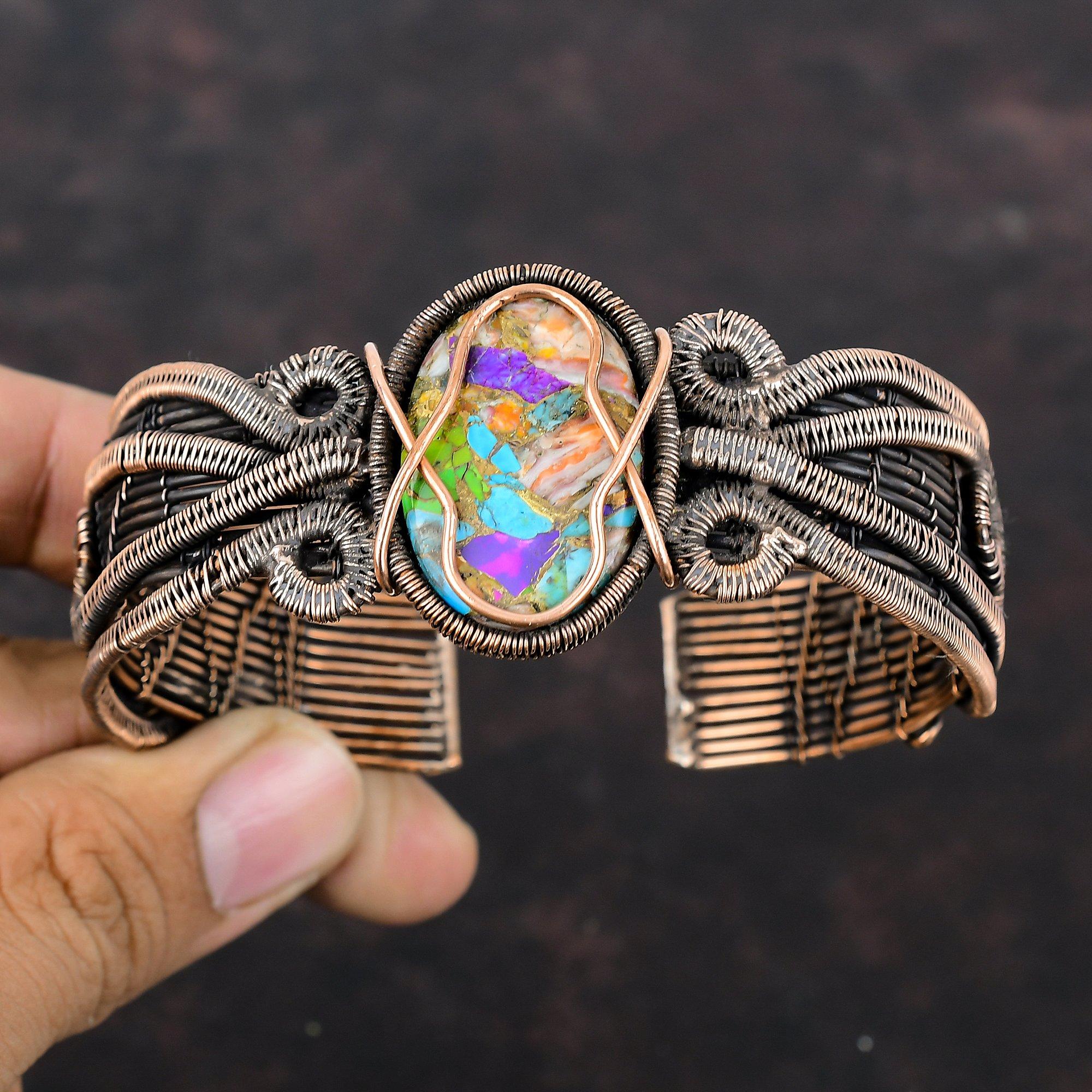 Мультимедный бирюзовый браслет, браслет-манжета из медной проволоки, браслет-манжета из настоящего драгоценного камня, регулируемый браслет-манжета, ювелирное изделие ручной работы, подарок для нее