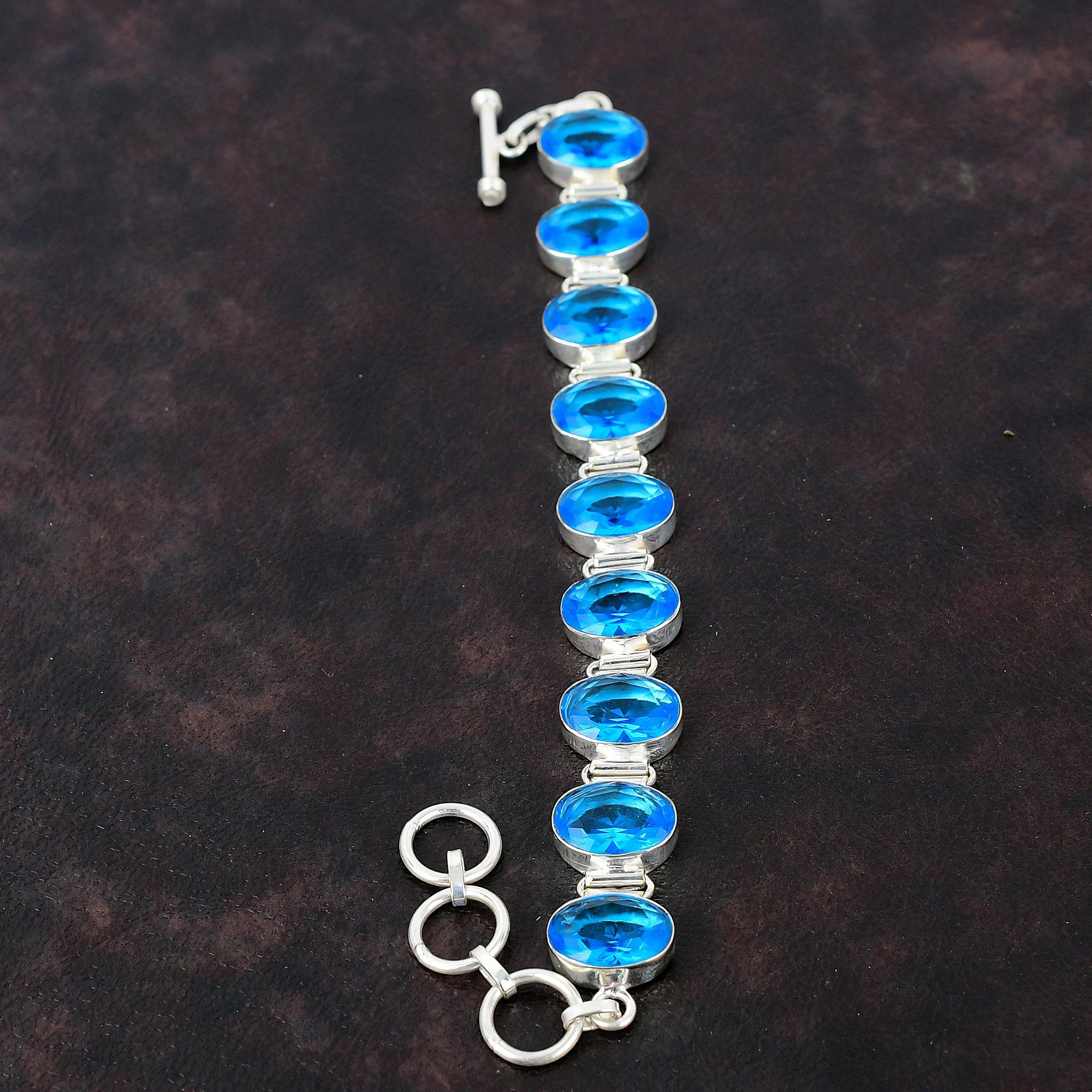 Граненый швейцарский браслет с синим топазом Браслет из драгоценного камня Браслет из стерлингового серебра 925 пробы Регулируемый браслет-цепочка Ювелирные изделия ручной работы Подарок для невесты