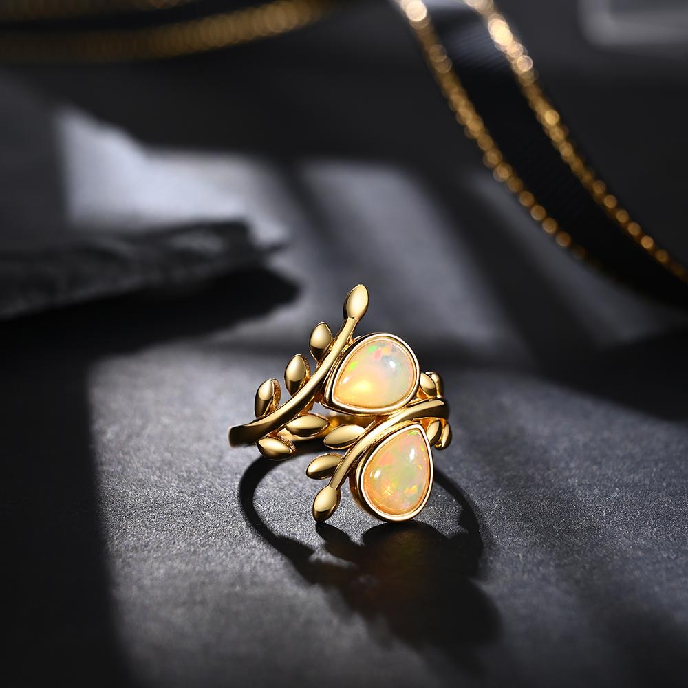 925 Sterling Silver Opalwomen Ring Tree Leaves Design Pear Shape Natural Gemstones Fine Jewelry for Wife Anniversary Birthday Gift