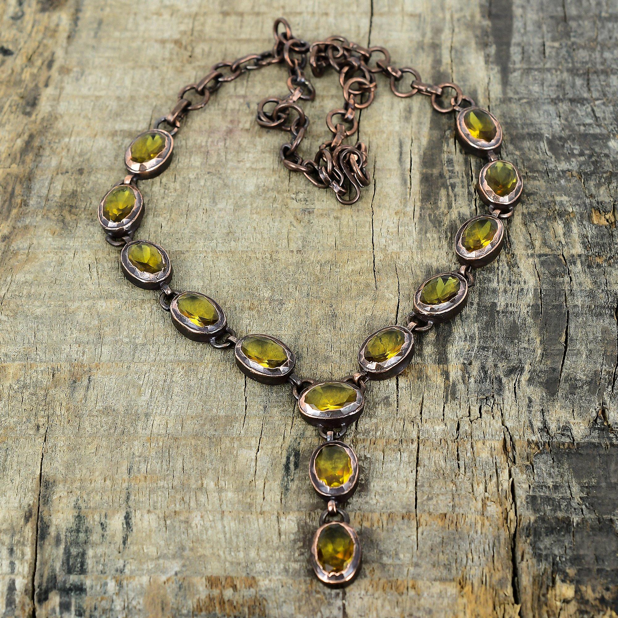 Ожерелье из ограненного цитрина, гальванизированная медь, регулируемая цепочка, антикварное украшение, ожерелье ручной работы, ожерелье с драгоценным камнем, подарки для друга