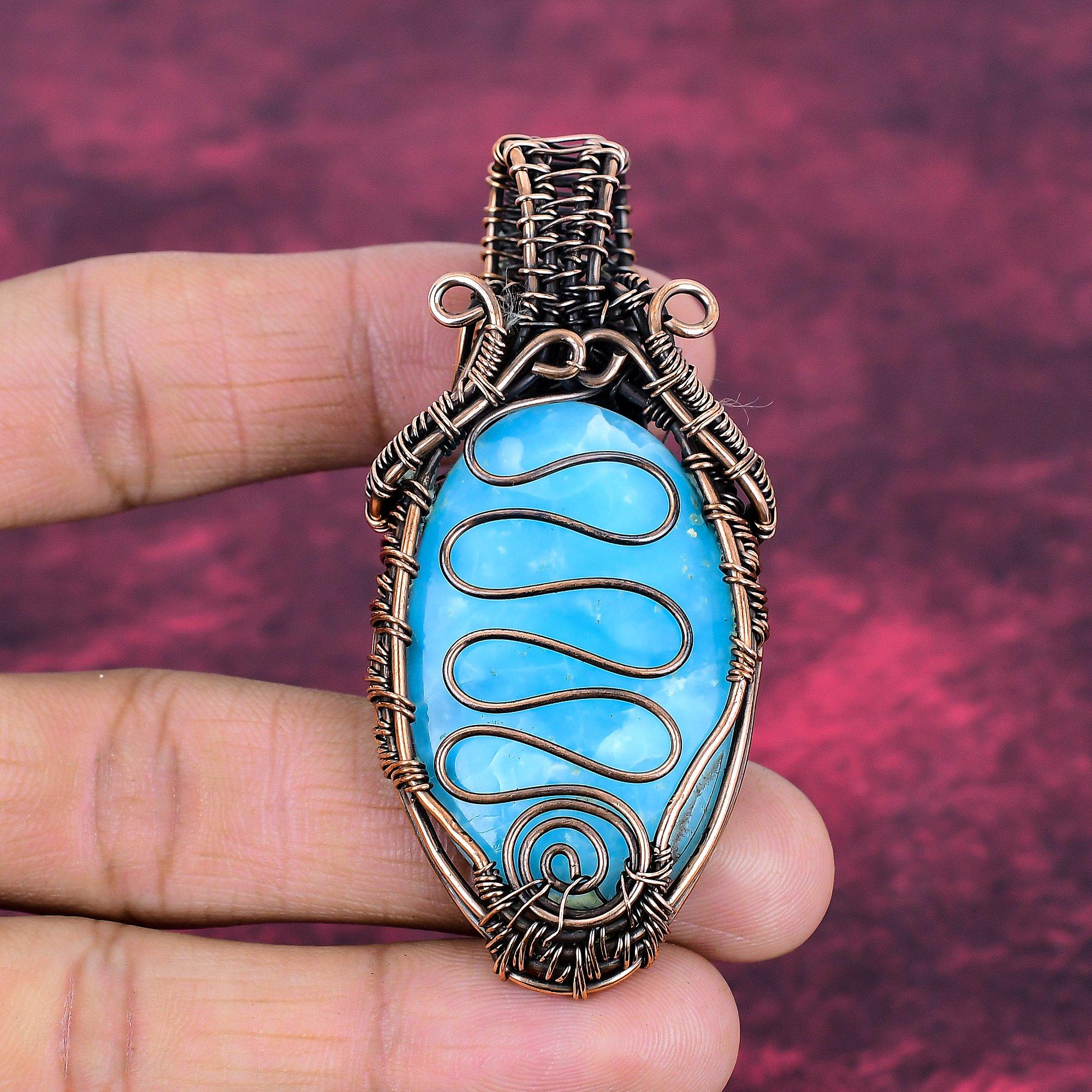 Hemimorphite Pendant Copper Wire Wrapped Jewelry Handmade Real Gemstone Pendant