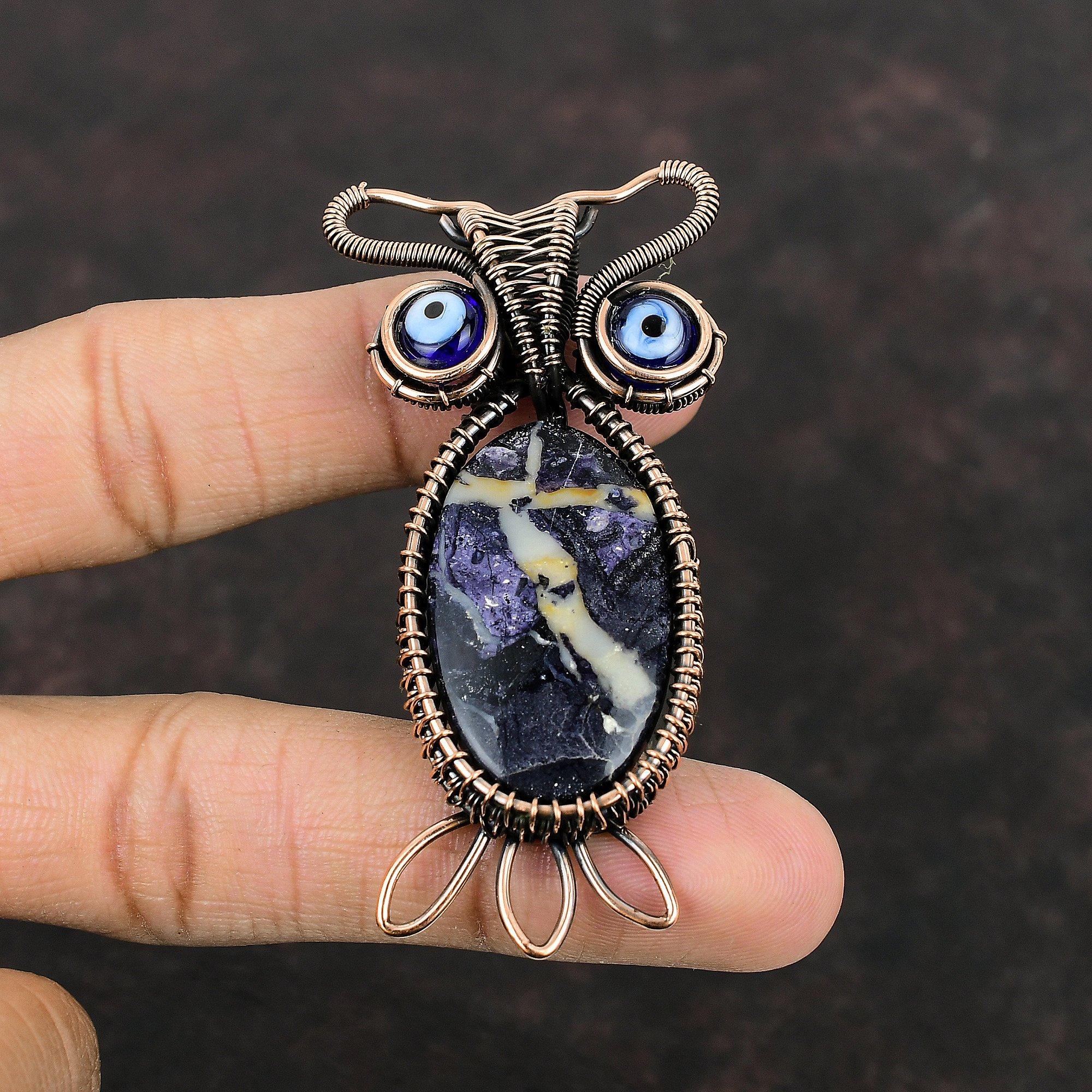 Подвеска Tiffany Jasper, подвеска из медной проволоки, подвеска из драгоценного камня, ювелирное украшение в виде совы, подвеска ручной работы из меди, подвеска синего цвета от сглаза