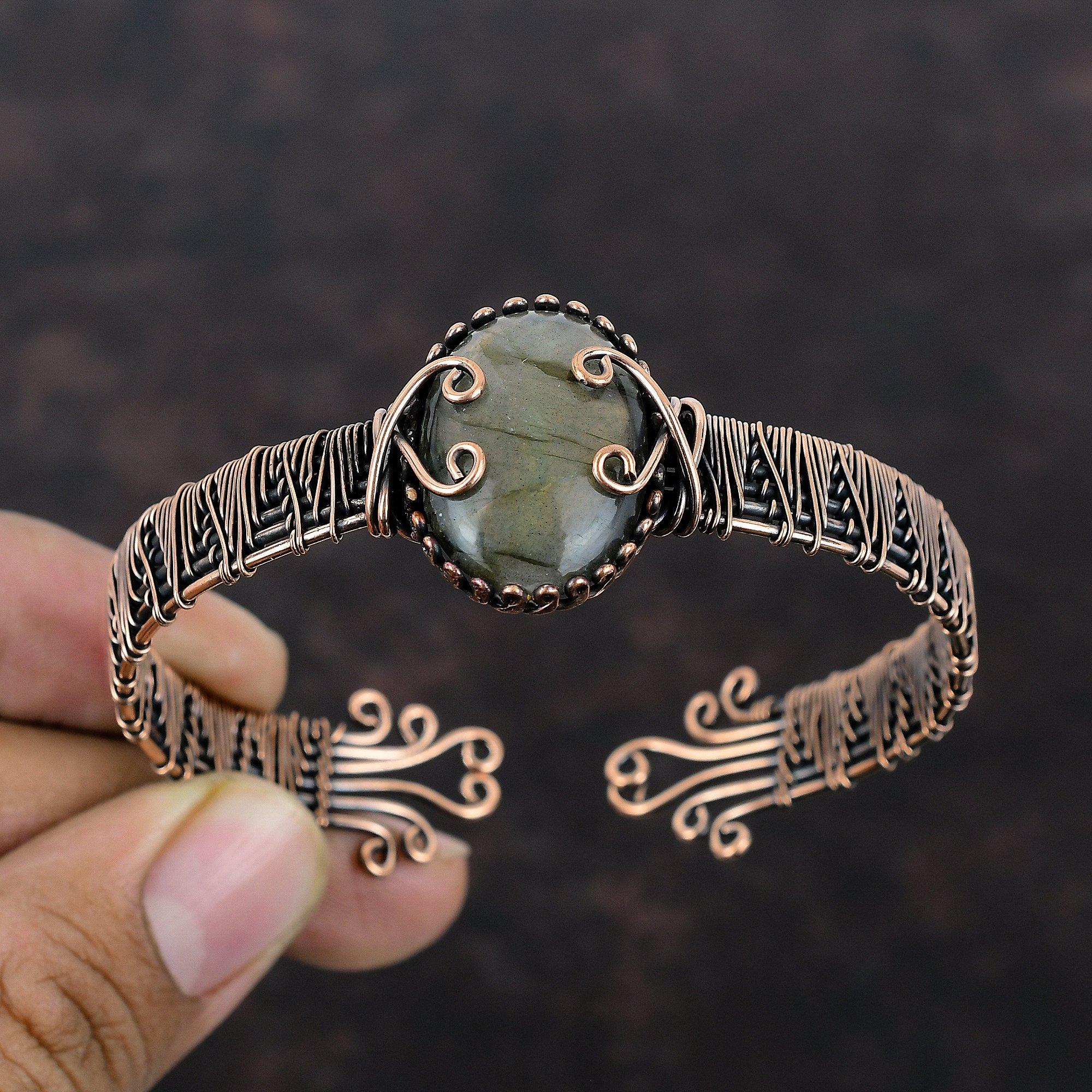 Лабрадорит Медный Браслет-манжета Проволочная обмотка Регулируемый Браслет-манжета Драгоценный Камень Браслет Ручной Работы Медная Проволока Ювелирные Изделия Подарок На Годовщину