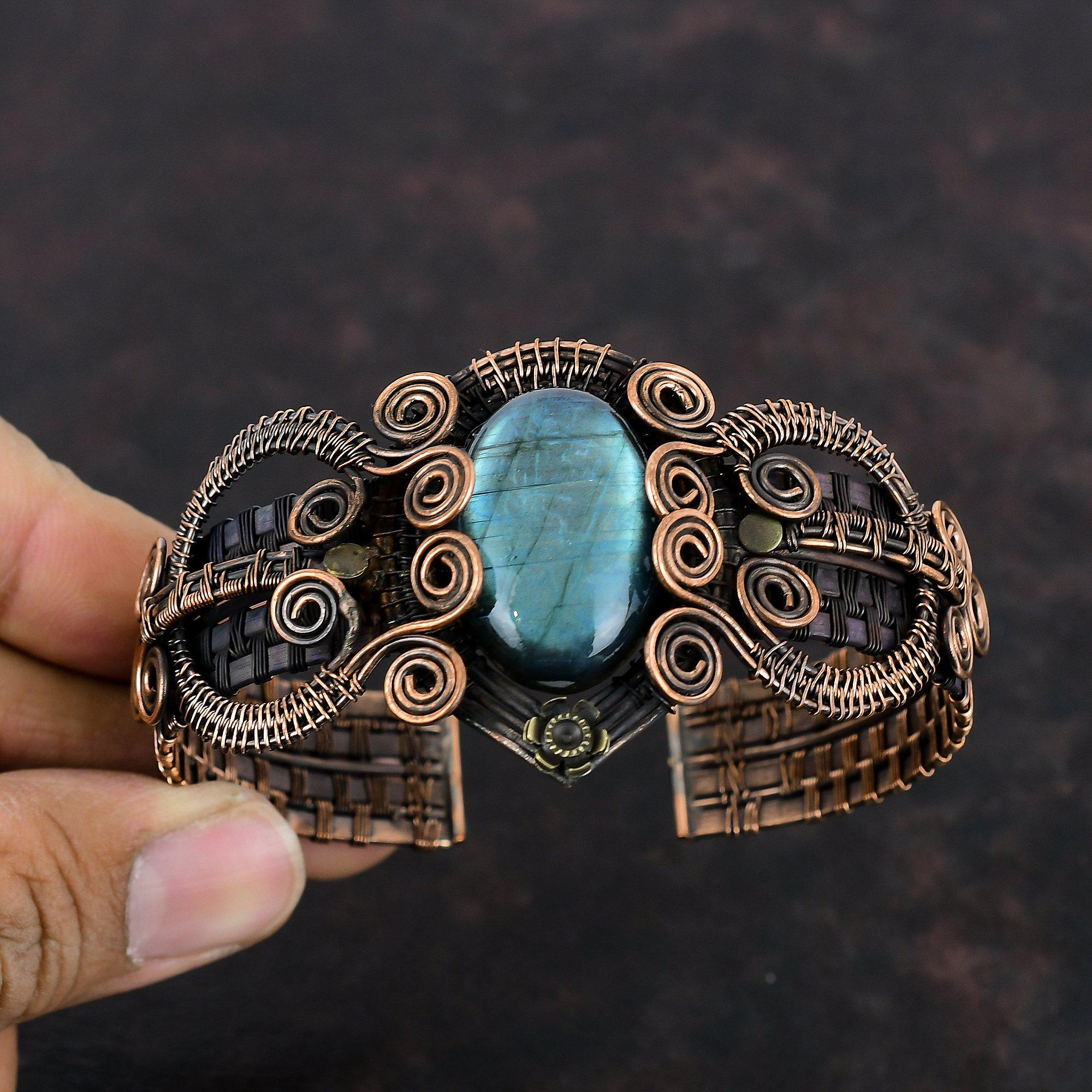 Labradorite Cuff Bracelet Copper Wire Wrapped Bangle Labradorite Bracelet Adjustable Bangle Gemstone Cuff Bracelet Handmade Bangle For Gifts