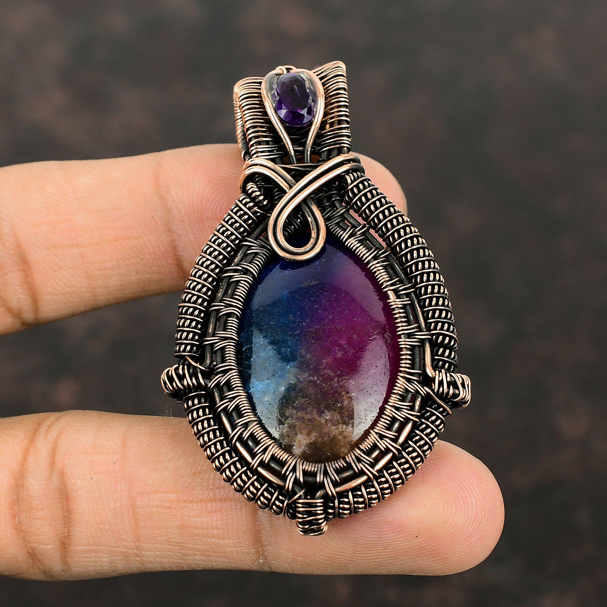 Rainbow Solar Quartz Druzy Pendant Copper Wire Wrapped Gemstone Pendant African Amethyst Pendant Copper Jewelry For Gift Handmade Pendants