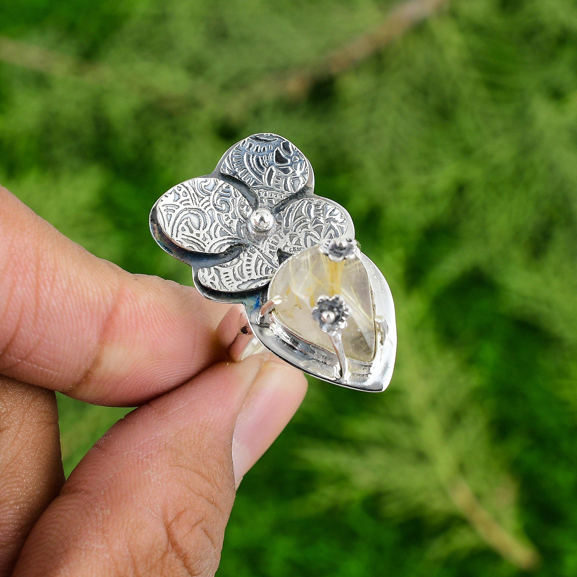 Golden Rutile Gemstone Flower Statement Bezel Ring Jewelry 925 Sterling Silver