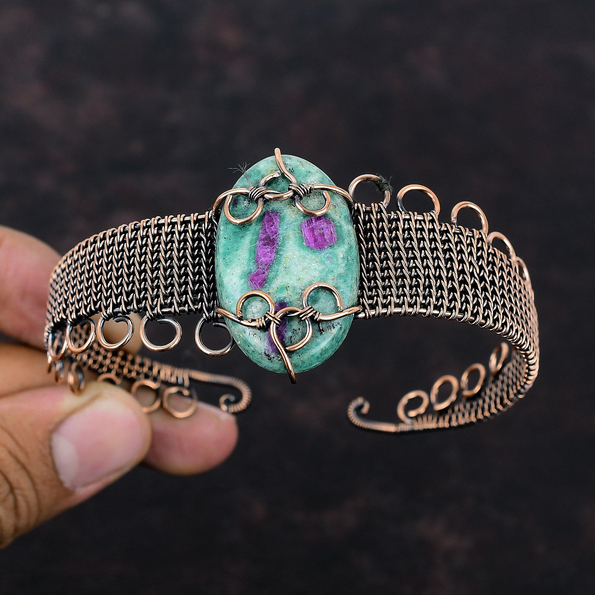 Ruby Fuchsite Copper Bangle Copper Wire Wrapped Jewelry Handmade Adjustable Cuff Bracelet Gemstone Bangle For Gift Copper Wire Wrap Bangle