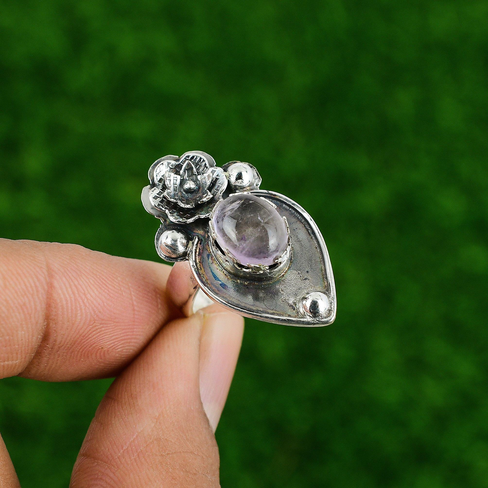 Promise Flower Adjustable Ring 925 Silver Natural African Amethyst