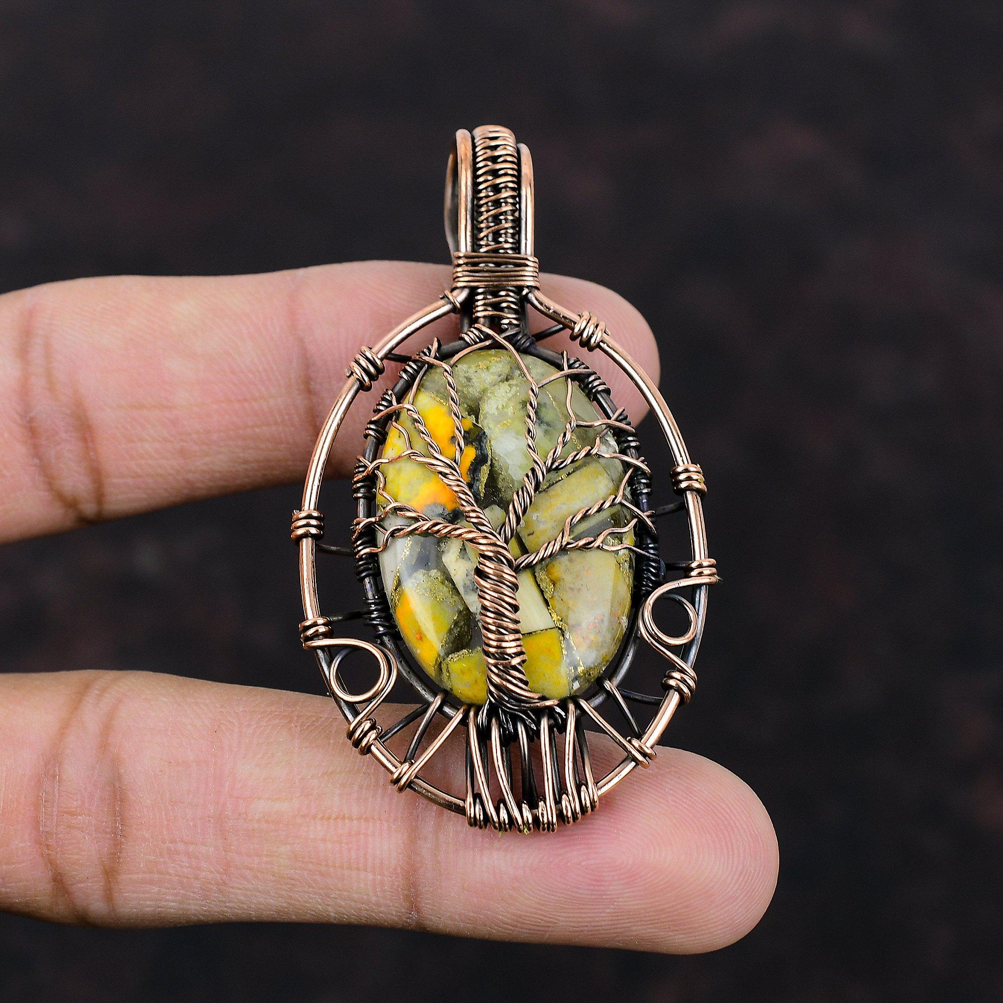 Tree Of Life Copper Bumble Bee Jasper Pendant Copper Wire Wrapped Pendant Handmade Boho Pendant Gemstone Copper Jewelry Women's Special Gift