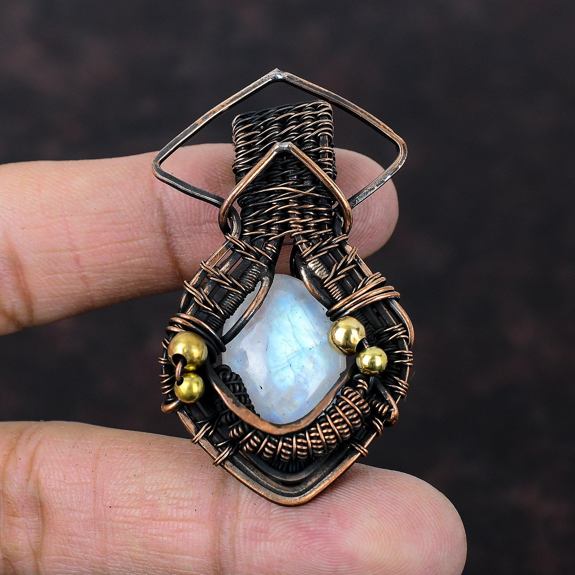 Подвеска Rainbow Moonstone, обернутая медной проволокой, драгоценный камень, подвеска Moonstone, ювелирное изделие, подвеска ручной работы, обернутая медной проволокой, подарок для жены