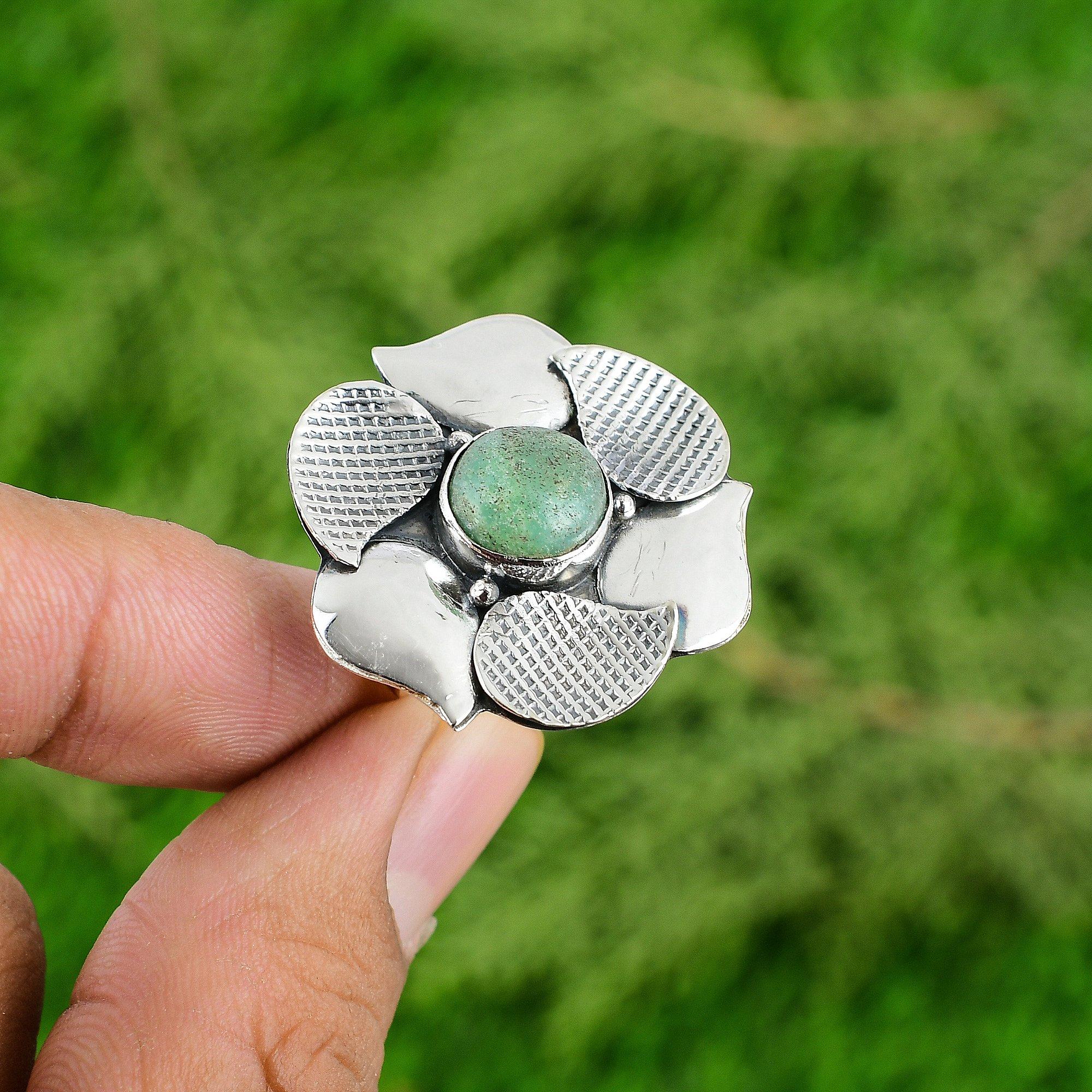 Natural Chrysoprase Gemstone Solitaire Flower Green Adjustable Ring 925 Silver
