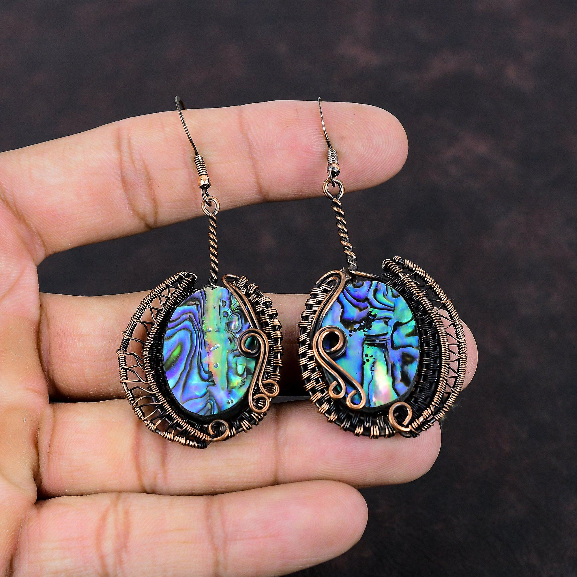 Серьги из ракушек-абалонов, драгоценные камни, серьги из медной проволоки, уникальные серьги ручной работы, украшения из ракушек-абалонов, подарок для нее, этнические серьги