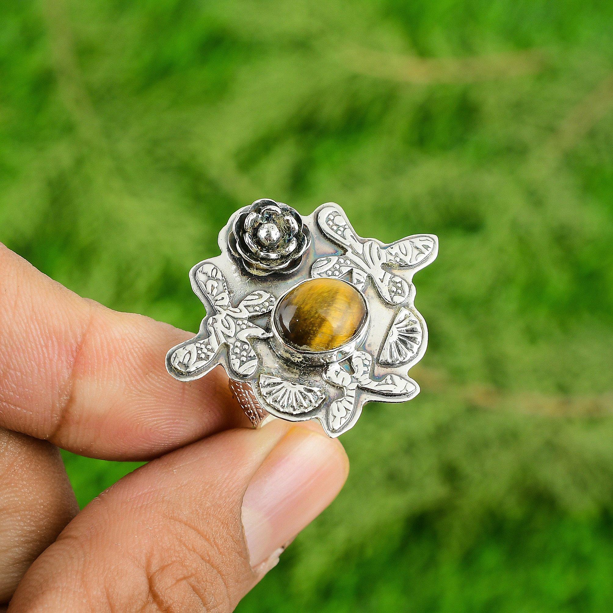 925 Sterling Silver Tiger's Eye Stone Promise Handcrafted Flower Wedding Ring