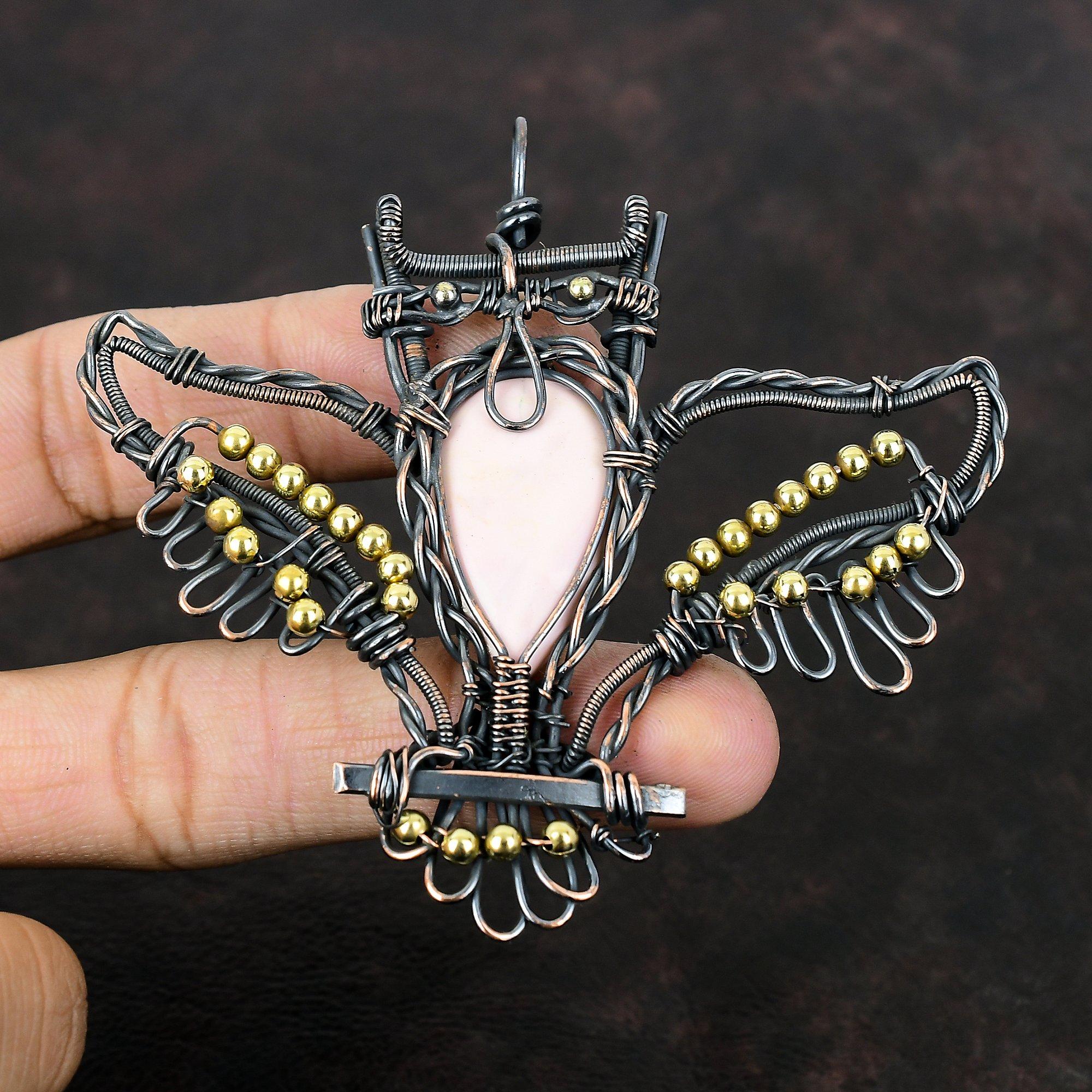 Pink Opal Pendant Copper Wire Wrapped Owl Pendant Handmade Pendant Pink Opal Jewelry Gemstone Pendant Wonderful Copper Jewelry Gift For Her