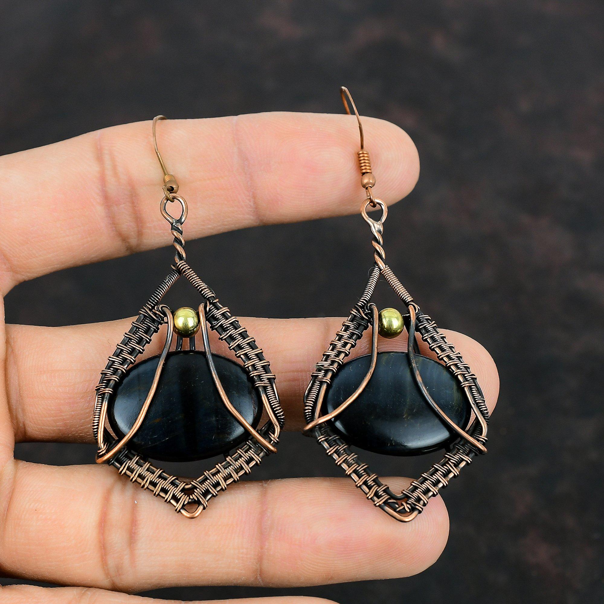 Серьги Pietersite, медная проволока, серьги ручной работы, медные украшения, уникальные серьги, серьги с драгоценными камнями, подарки для женщин, ювелирные изделия, завернутые в проволоку