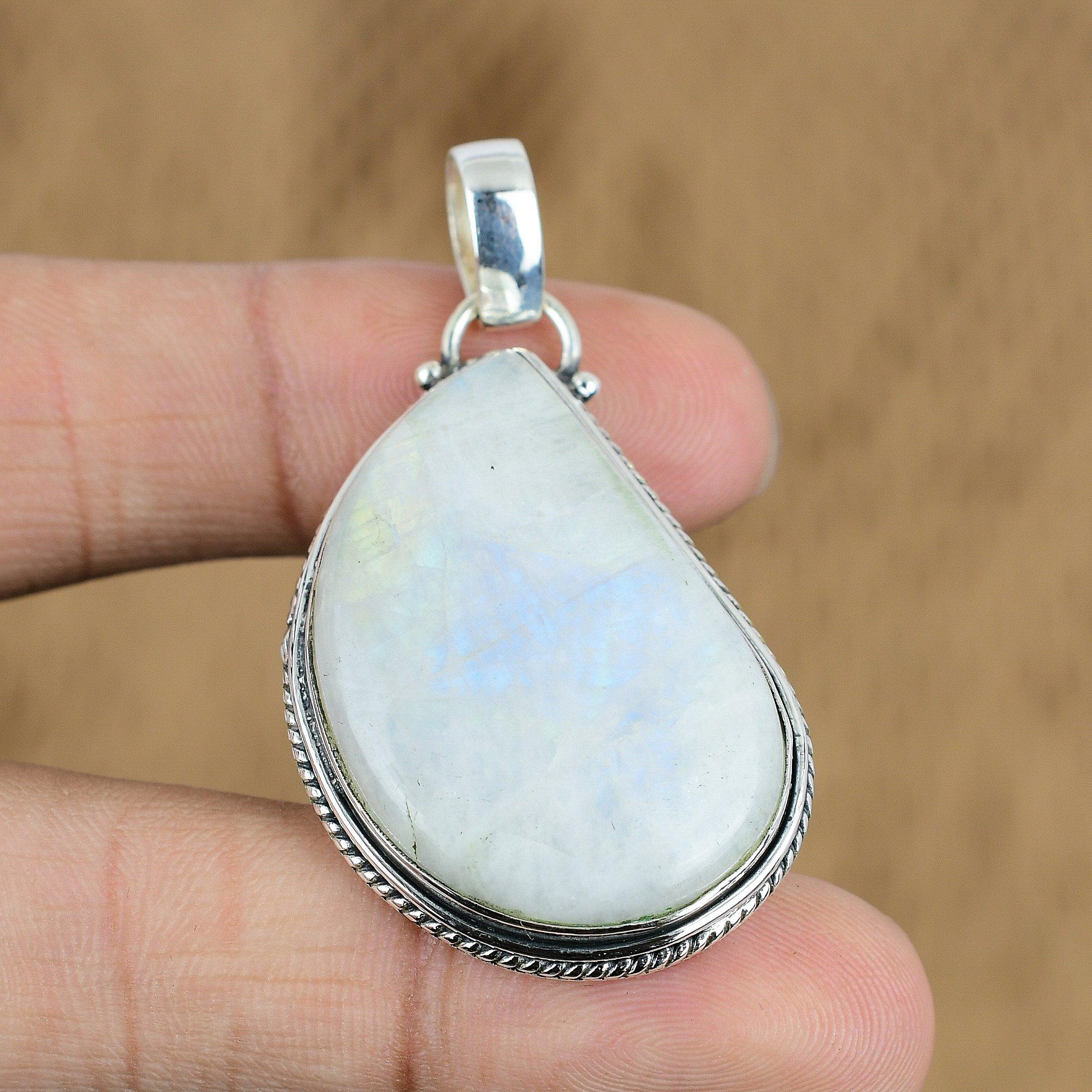 Natural Rainbow Moonstone Gemstone Pendant White 925 Sterling Silver Jewelry