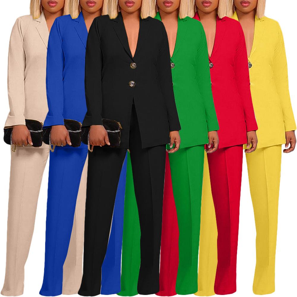 Women's Solid Color Two-Piece Suit Set with Notched Lapel and Button Closure, Elegant Long Pants Suit for Business Casual or Formal Wear
