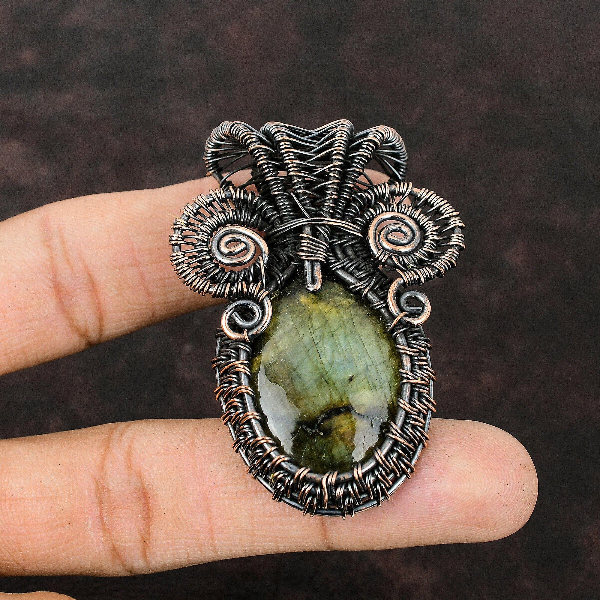 Медный кулон с лабрадоритом, обернутый проволокой, ювелирные изделия из драгоценных камней, стильный кулон, медные украшения ручной работы, лечебный камень, ювелирные изделия из лабрадорита для нее