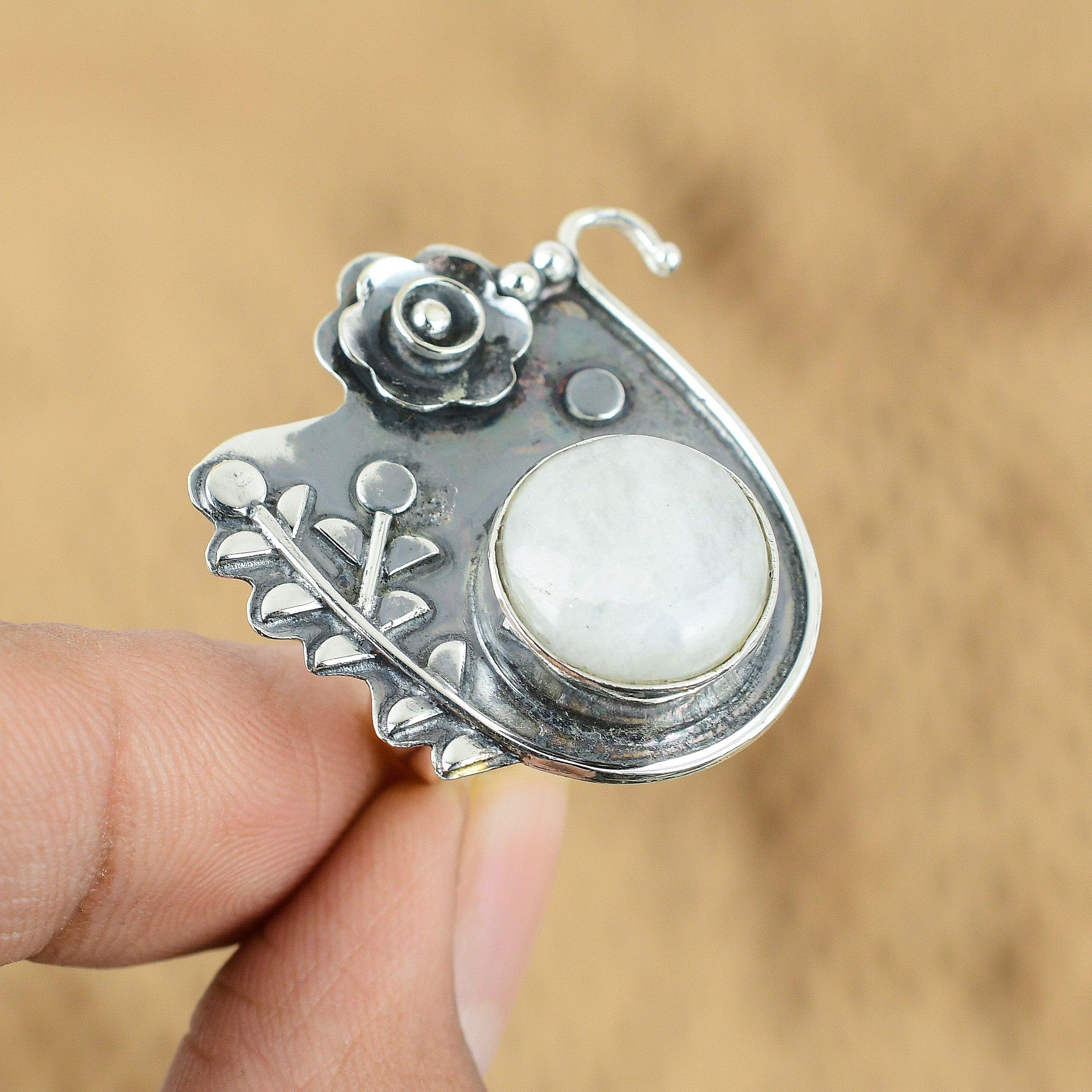 Natural Rainbow Moonstone Gemstone Multi Stone Flower Adjustable Ring 925 Silver