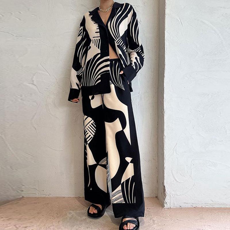 Women's Temperament Elegant Trend Printed Long Sleeve Top Long Pants Casual Fashion Pant Suit