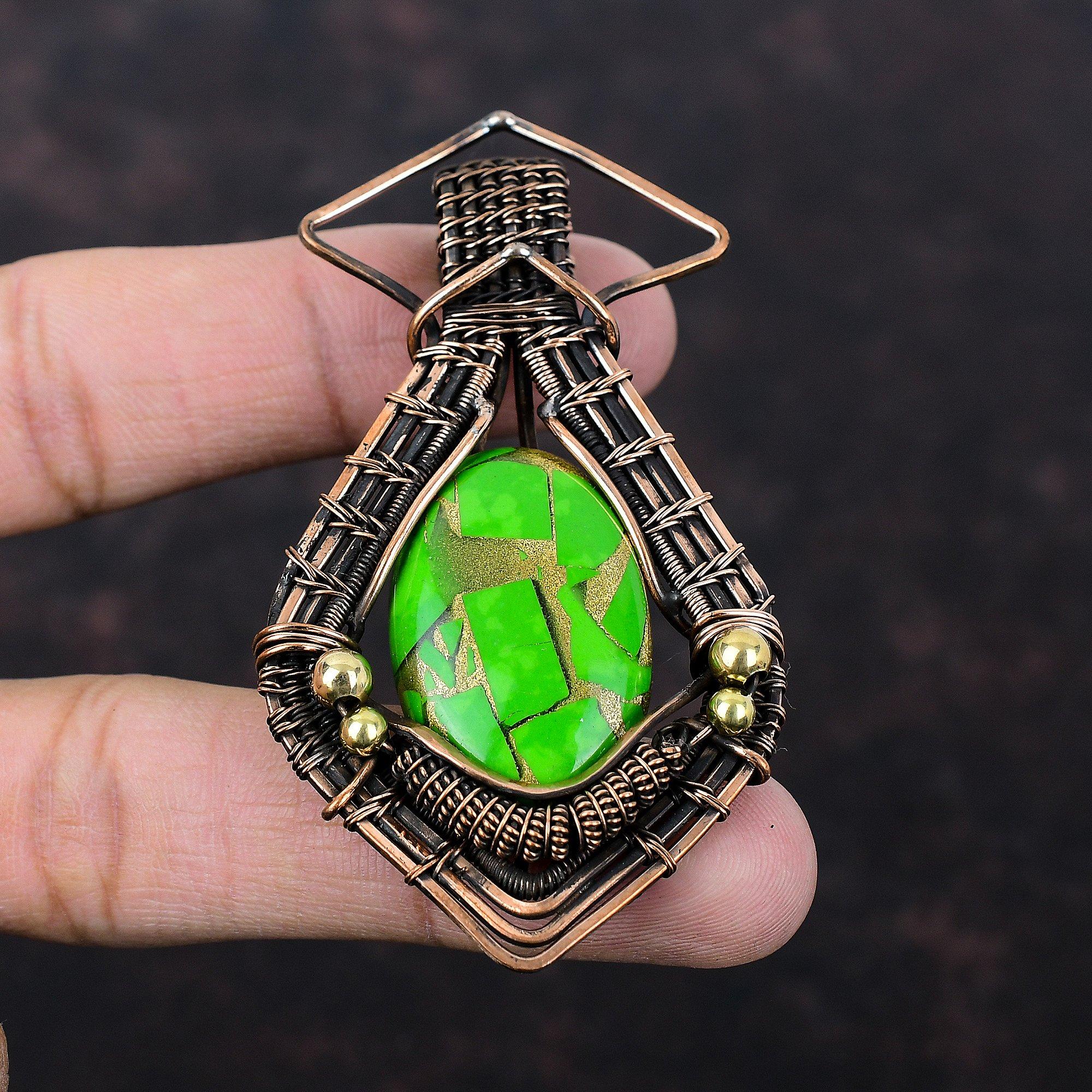 Медный Зеленый Бирюзовый Кулон Медная Проволока Обернутый Кулон Ювелирные Изделия Ручной Работы Подвеска Из Драгоценного Камня Проволочная Обертка Ювелирные Изделия Медные Ювелирные Изделия Подарок Для Женщин