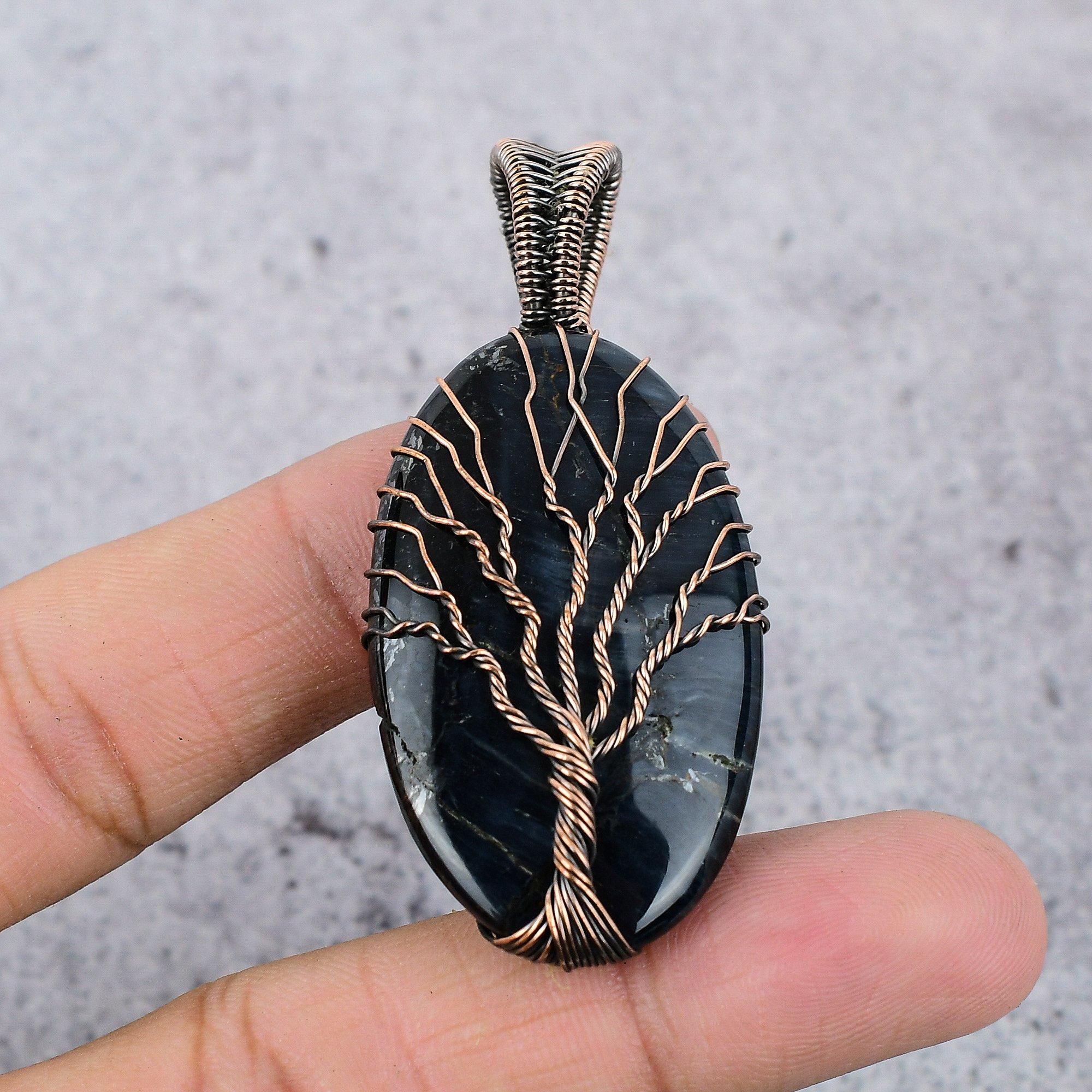 Tree Of Life Blue Tiger's Eye 999 Copper Wire Wrapped Jewelry, Handmade Beauteous Gemstone Jewelry Pendant For Women