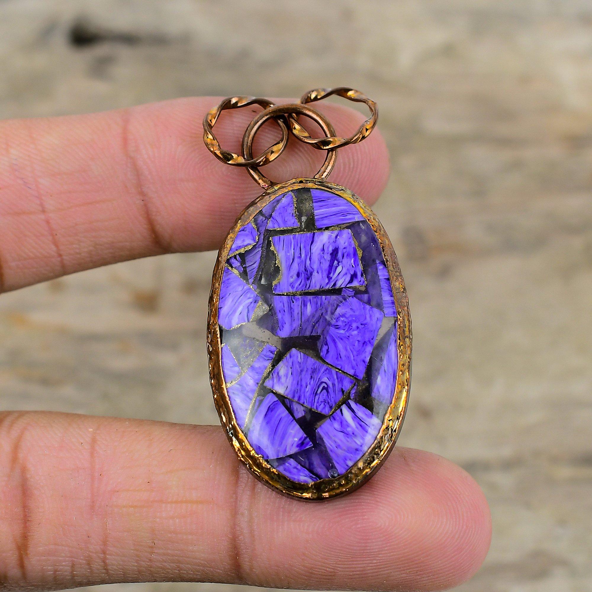 Медный кулон с чароитом, медный кулон, изготовленный гальваническим методом, стильный кулон, кулон с драгоценным камнем, ювелирные изделия, изготовленные гальваническим способом, подарок для мамы, кулон ручной работы